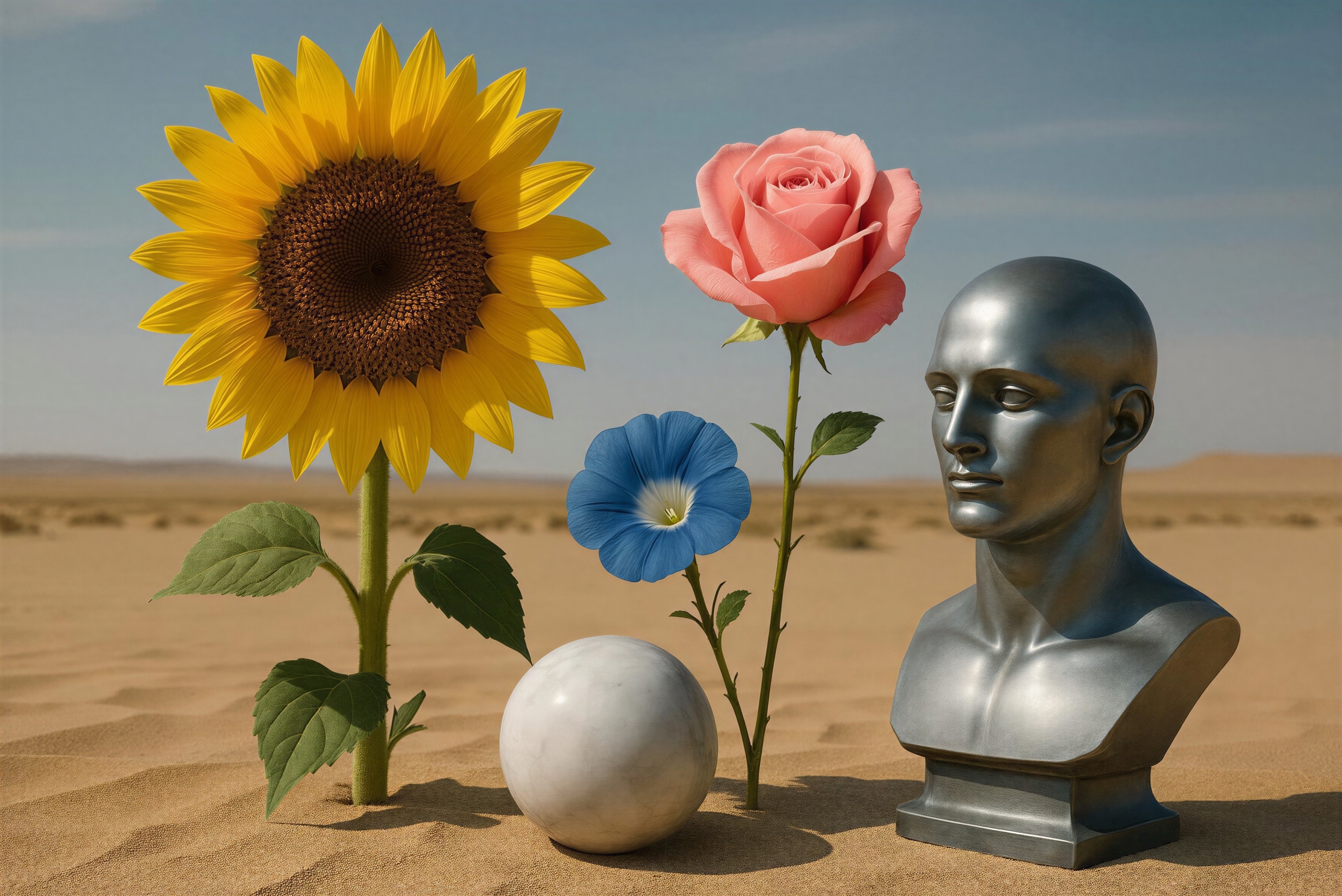 Desert Scene with Flowers and Reflective Bust