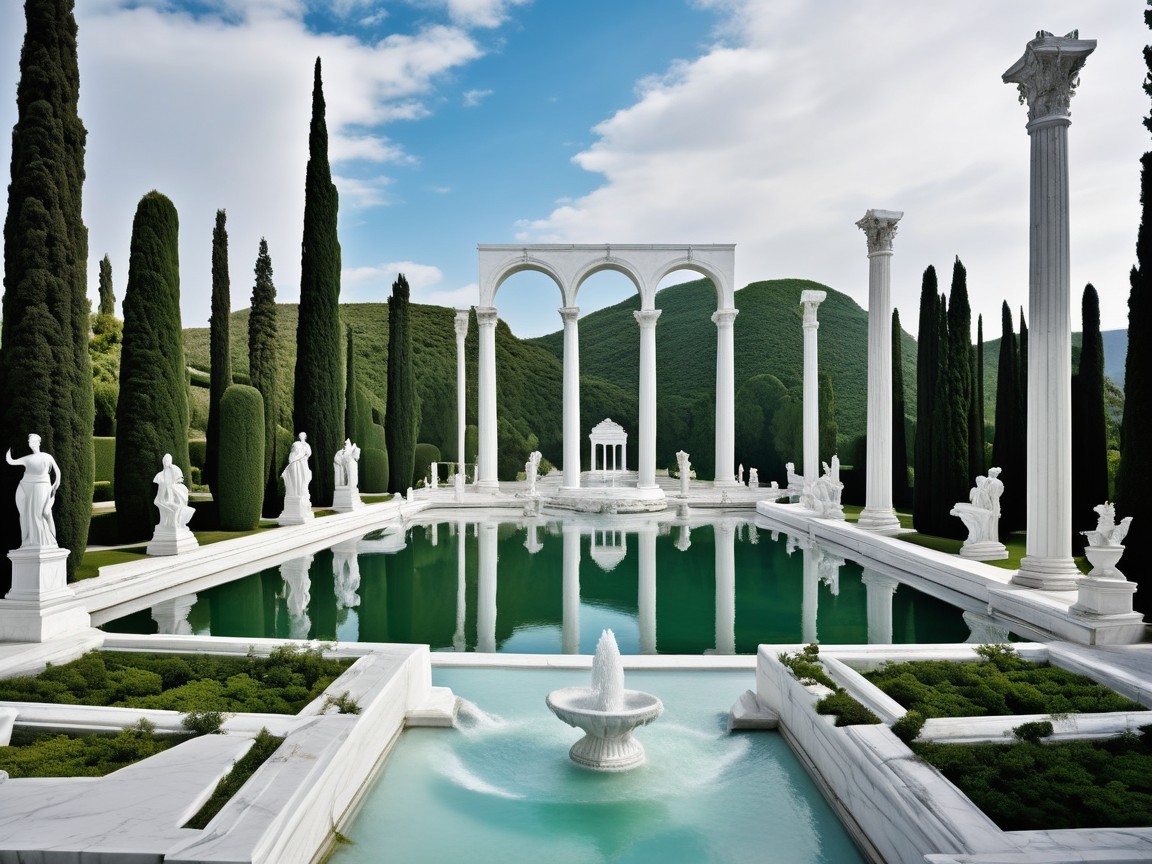 Elegant Garden Landscape with Reflection Pool and Statues