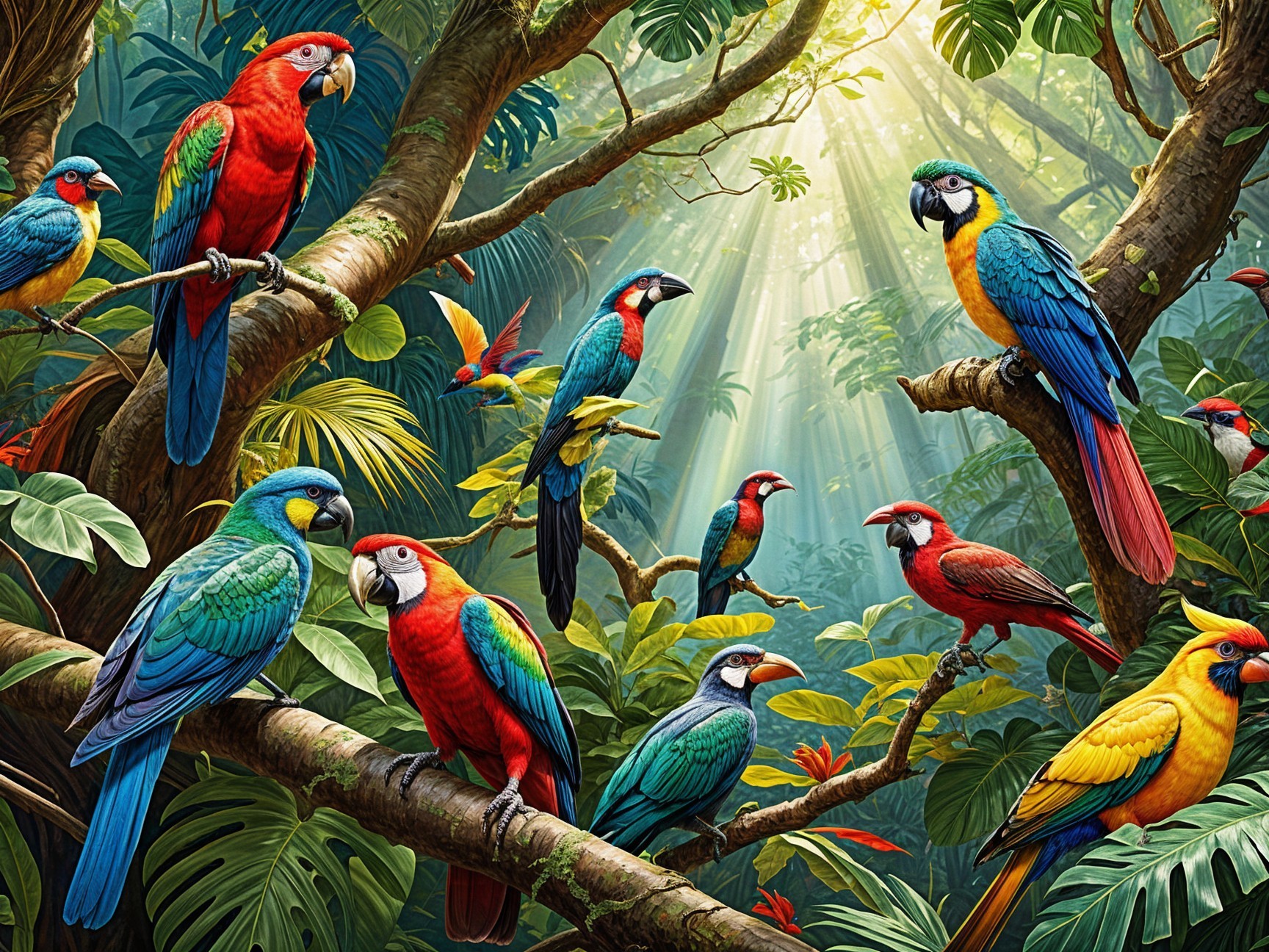 Vibrant Jungle with Colorful Parrots and Foliage