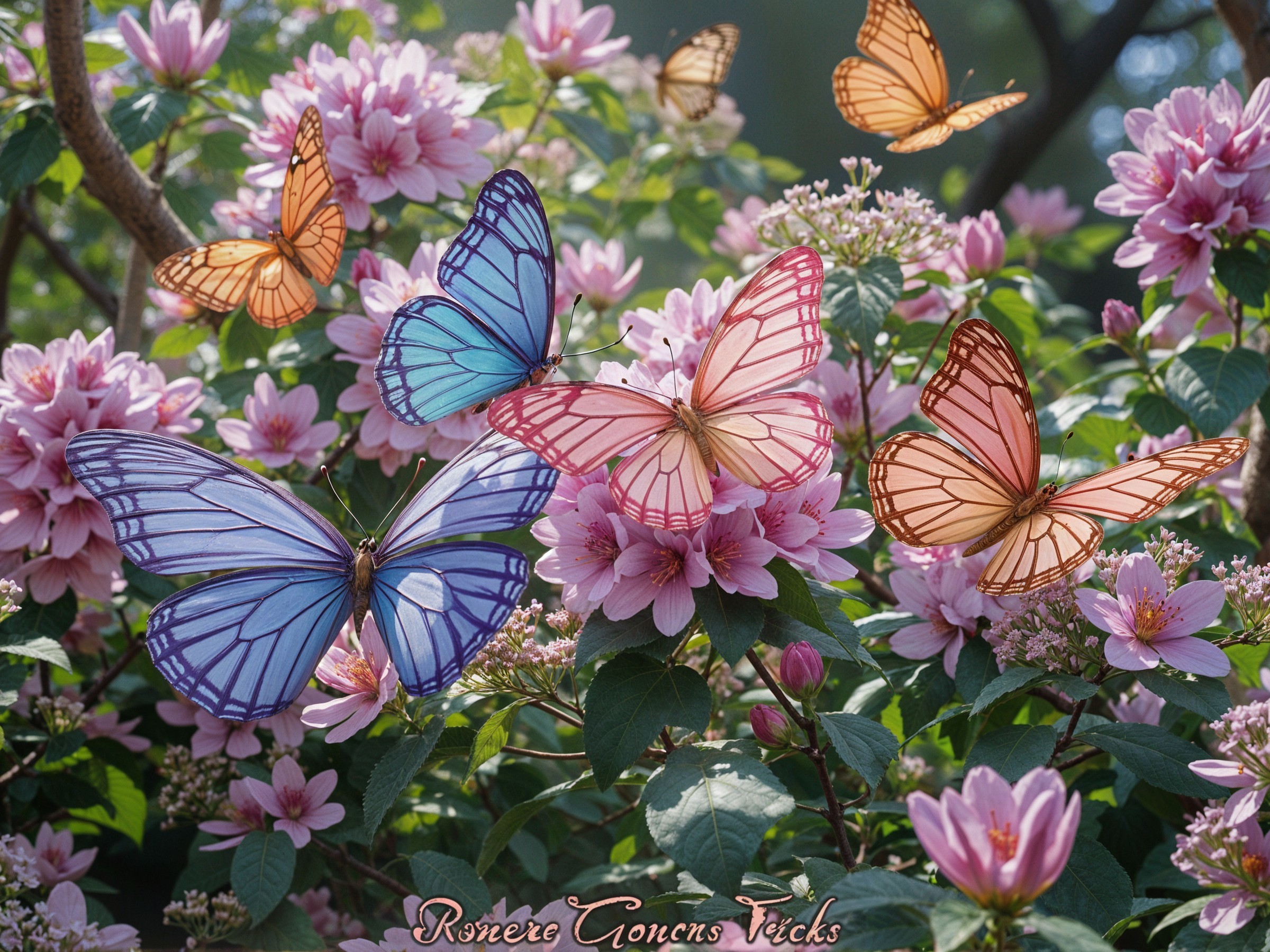 Colorful Butterflies Among Lush Pink Flowers