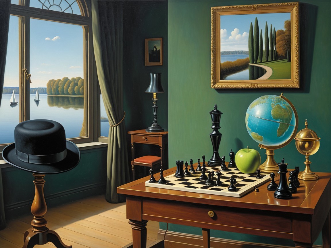 Serene Interior Scene with Chessboard and Lake View