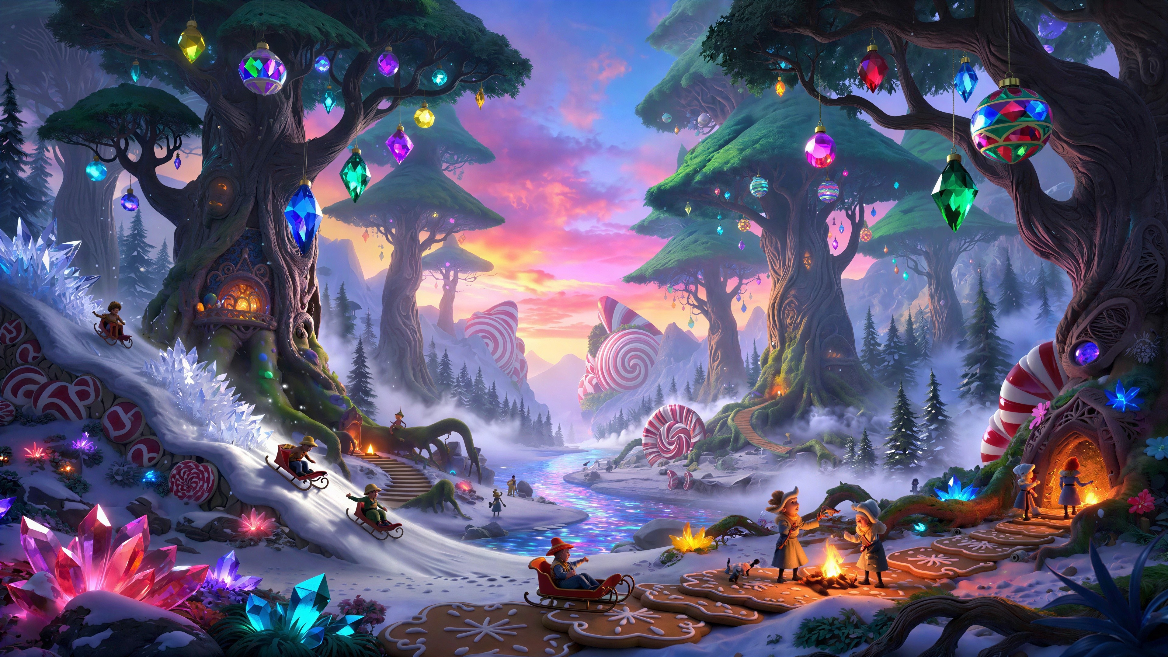 Magical Winter Wonderland with Colorful Ornaments and Elves