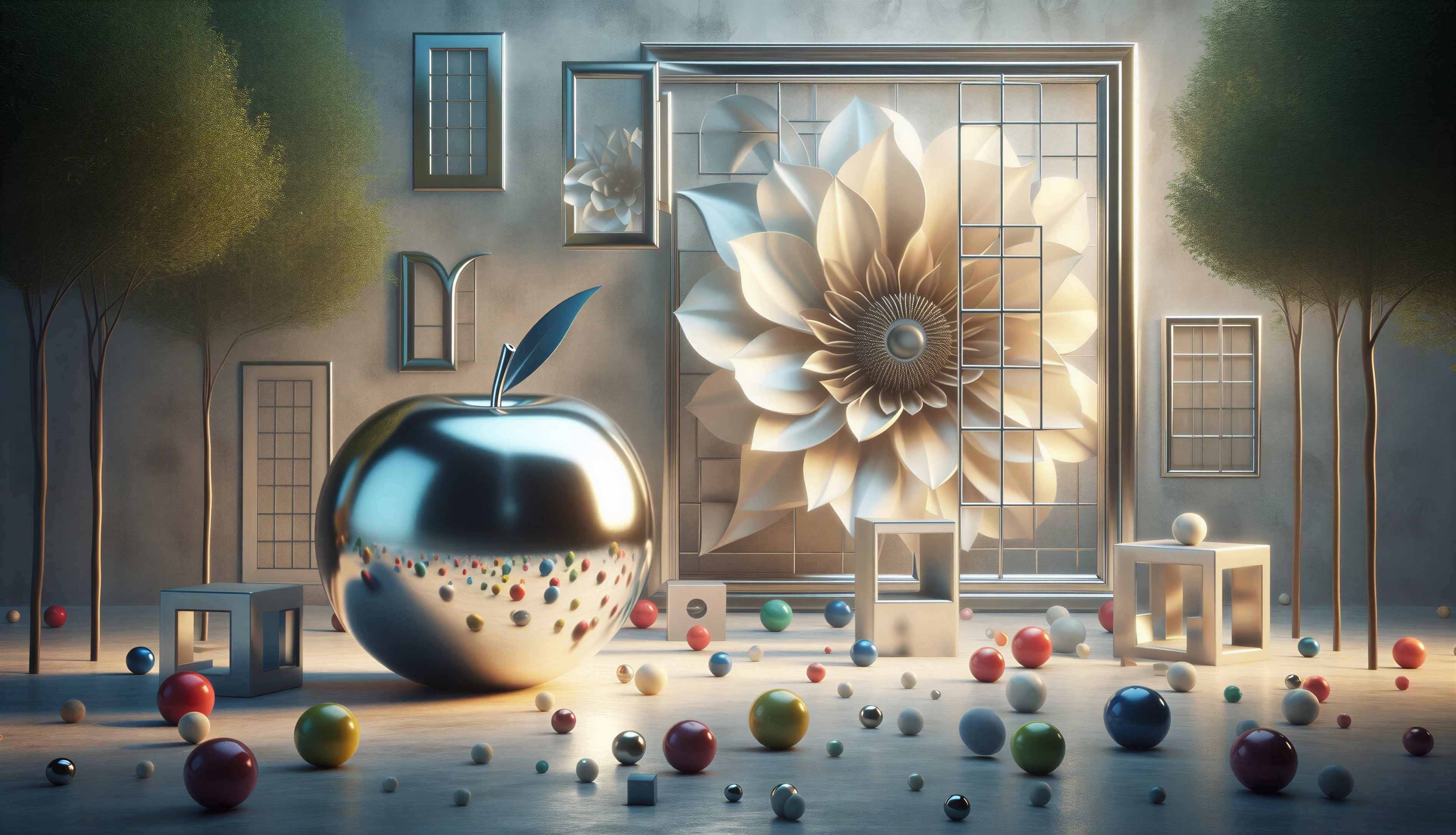Surreal Scene with Shiny Apple and Colorful Spheres