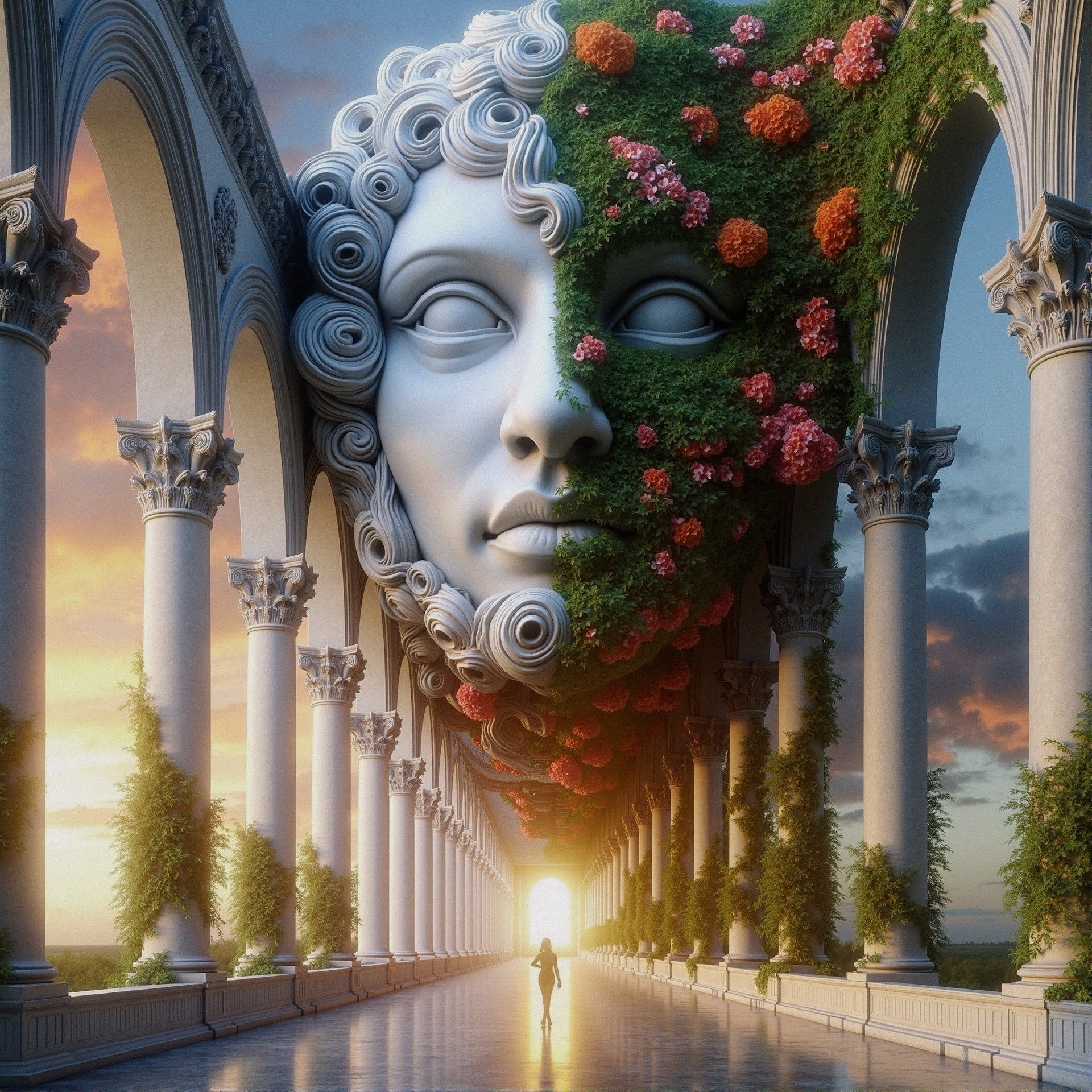 Surreal colonnade with split face and glowing horizon