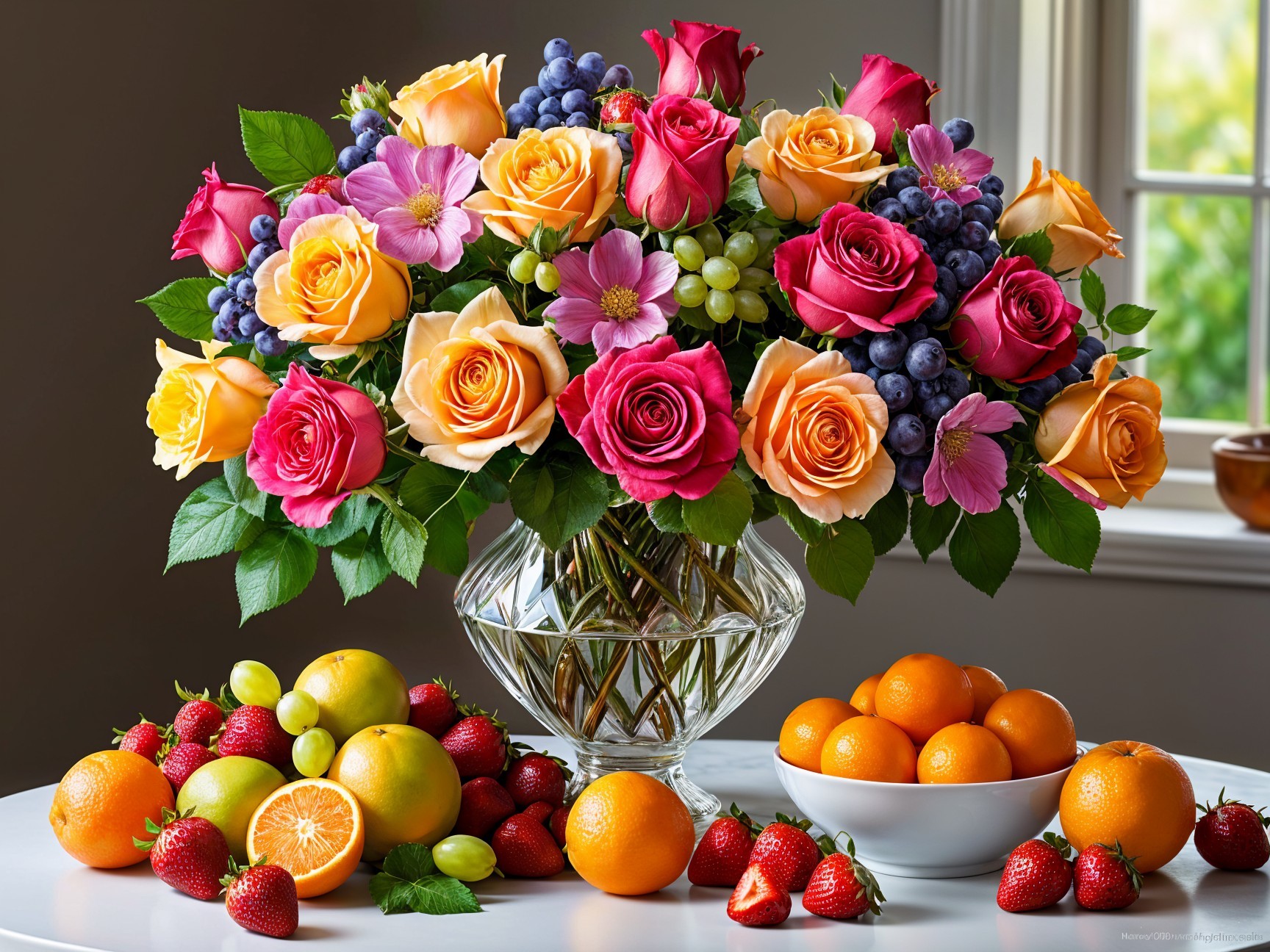 Vibrant Floral Arrangement with Fresh Fruits Displayed