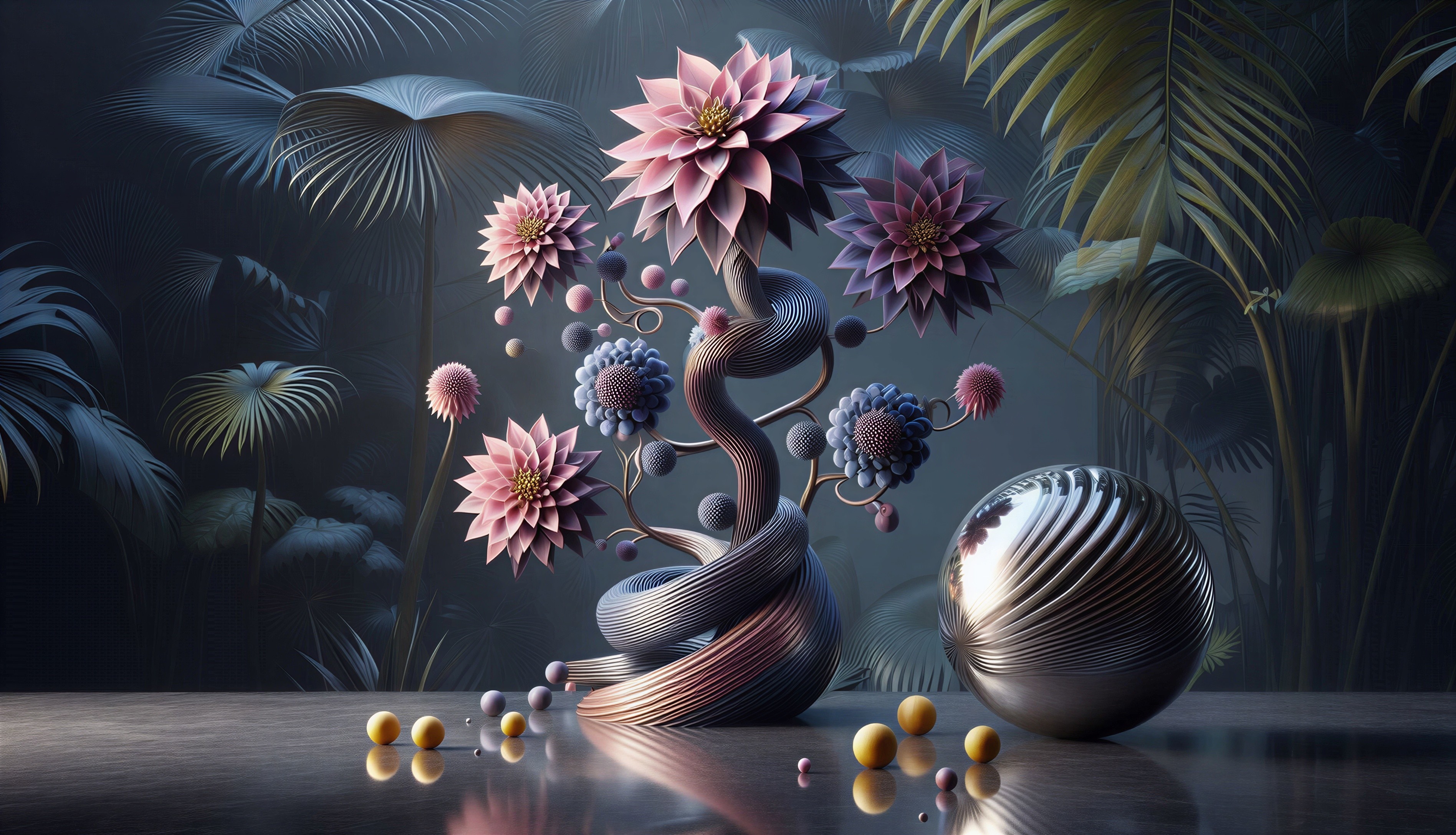3D Floral Composition with Metallic Stem and Foliage