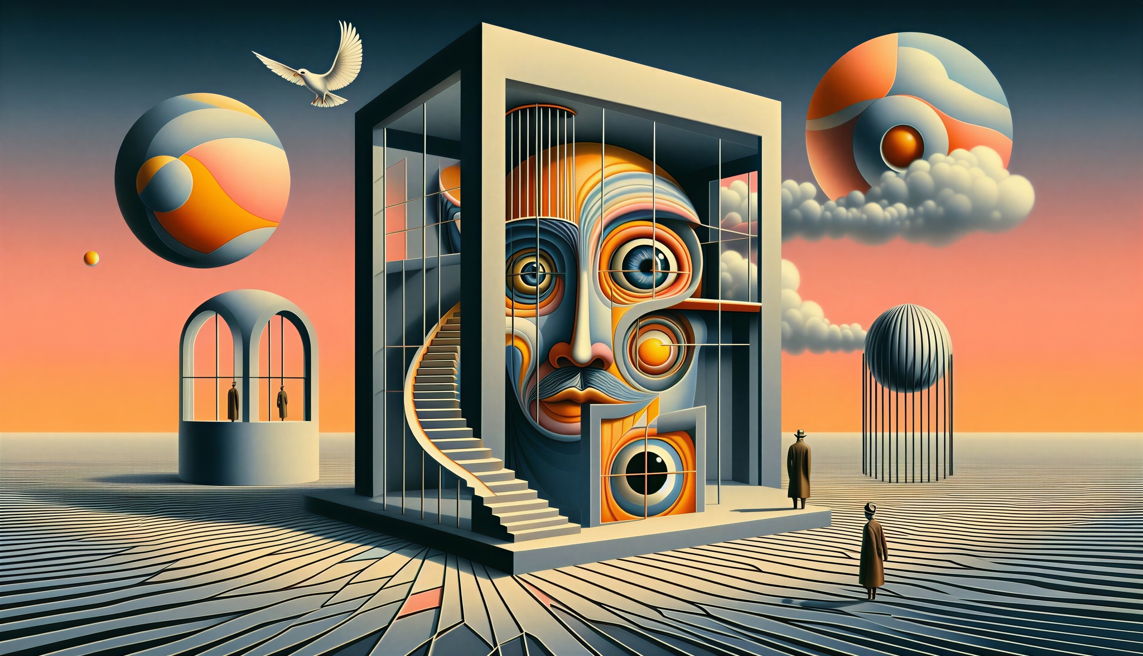 Surreal Landscape with Abstract Face and Vintage Figures