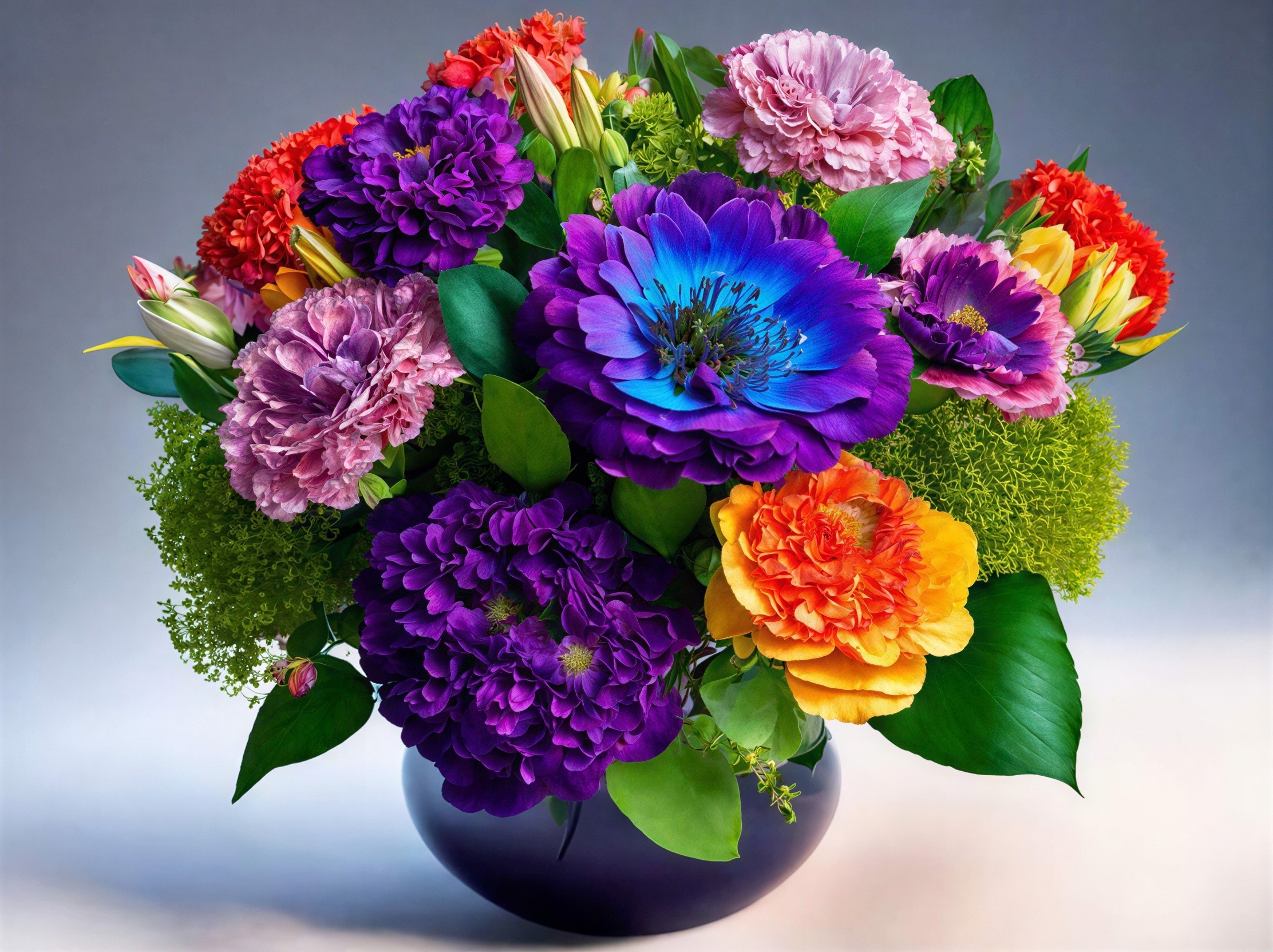 Colorful Floral Arrangement in Dark Purple Vase