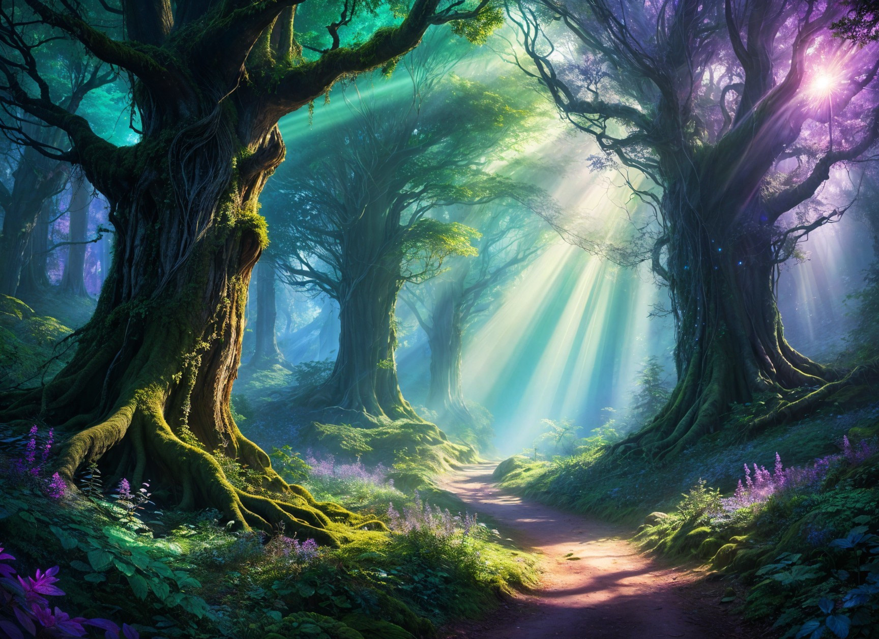 Mystical Forest Scene with Ethereal Light and Flora