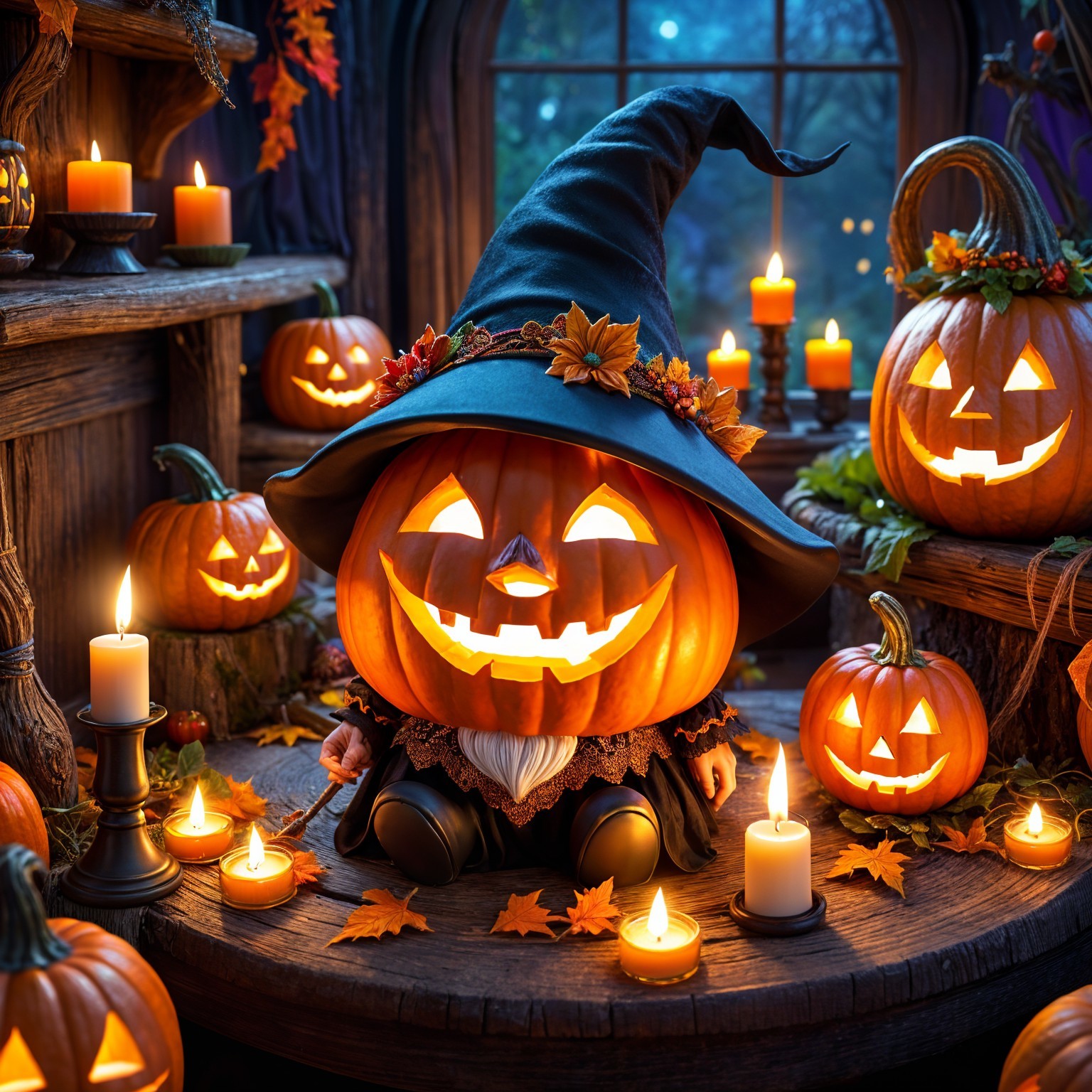 Cozy Autumn Scene with Pumpkins and Halloween Decor