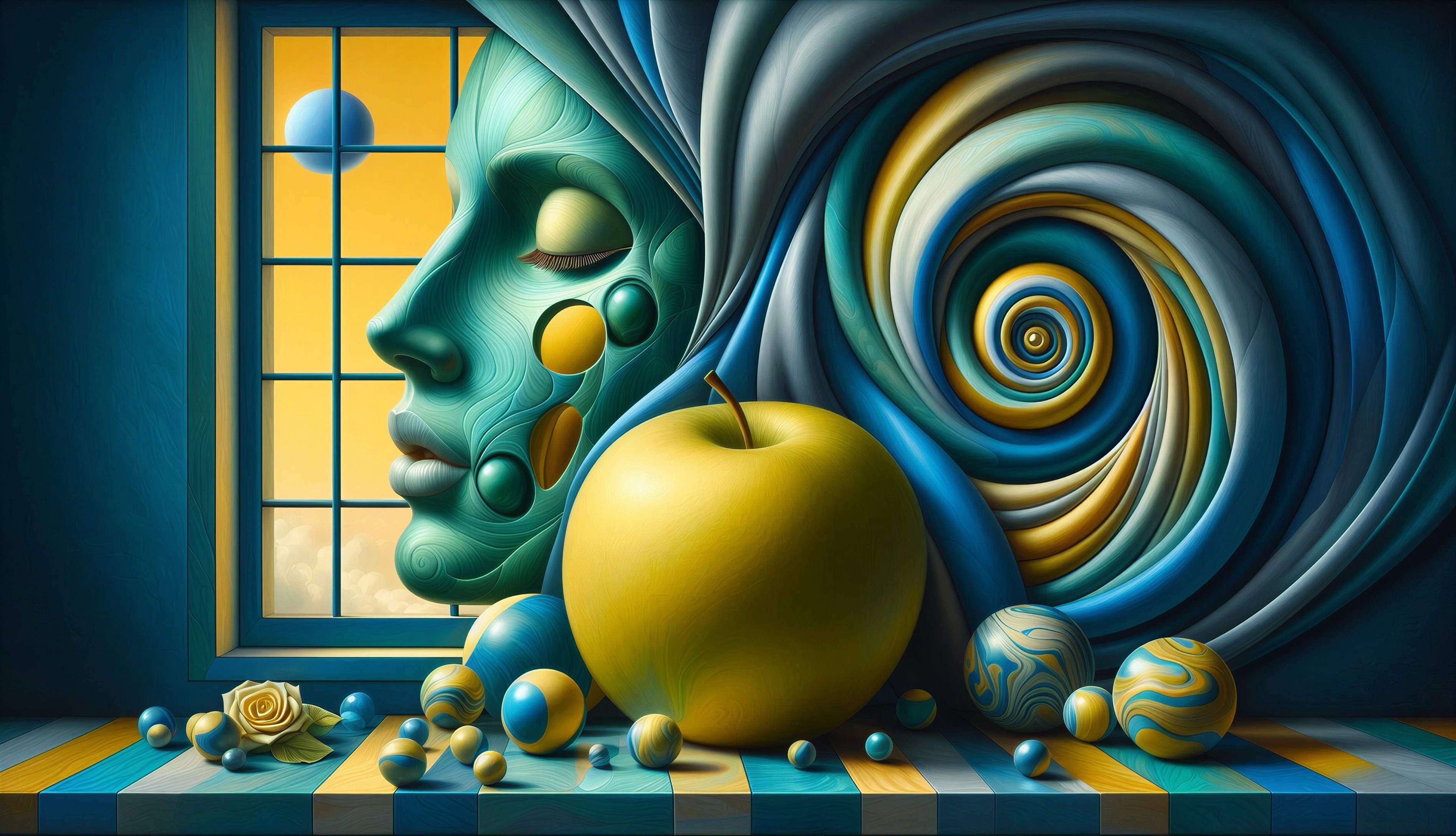 Surreal Composition with Ethereal Face and Apple
