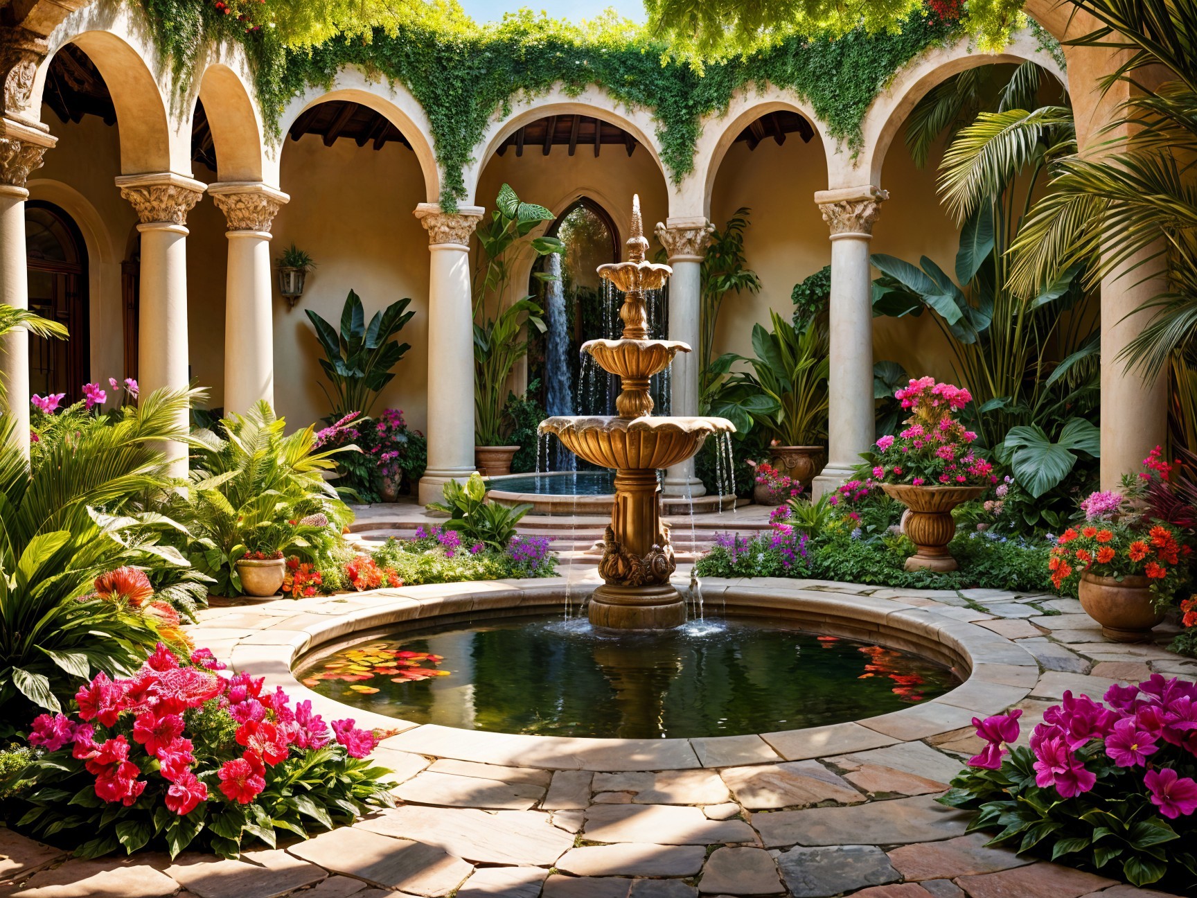 Serene Courtyard with Stone Fountain and Lush Greenery