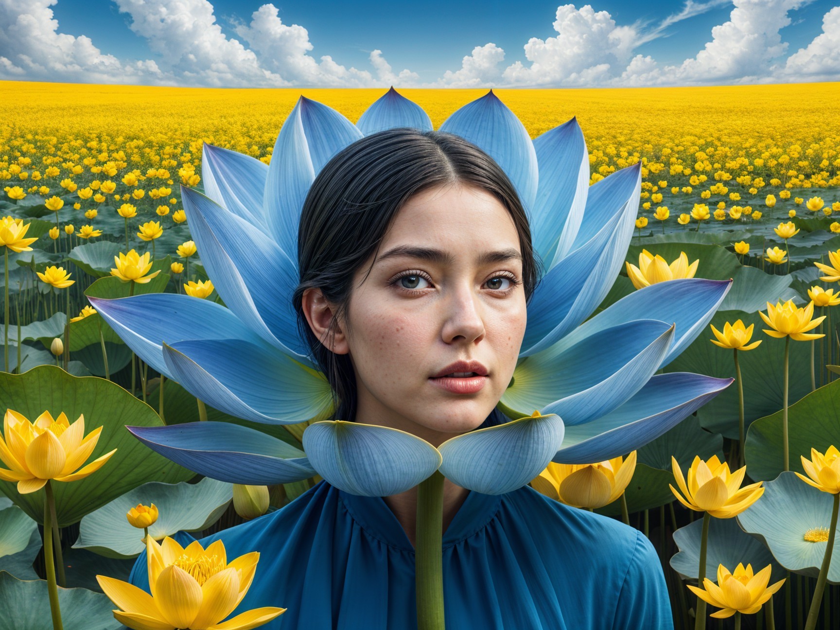 Serene Woman with Blue Lotus and Yellow Water Lilies