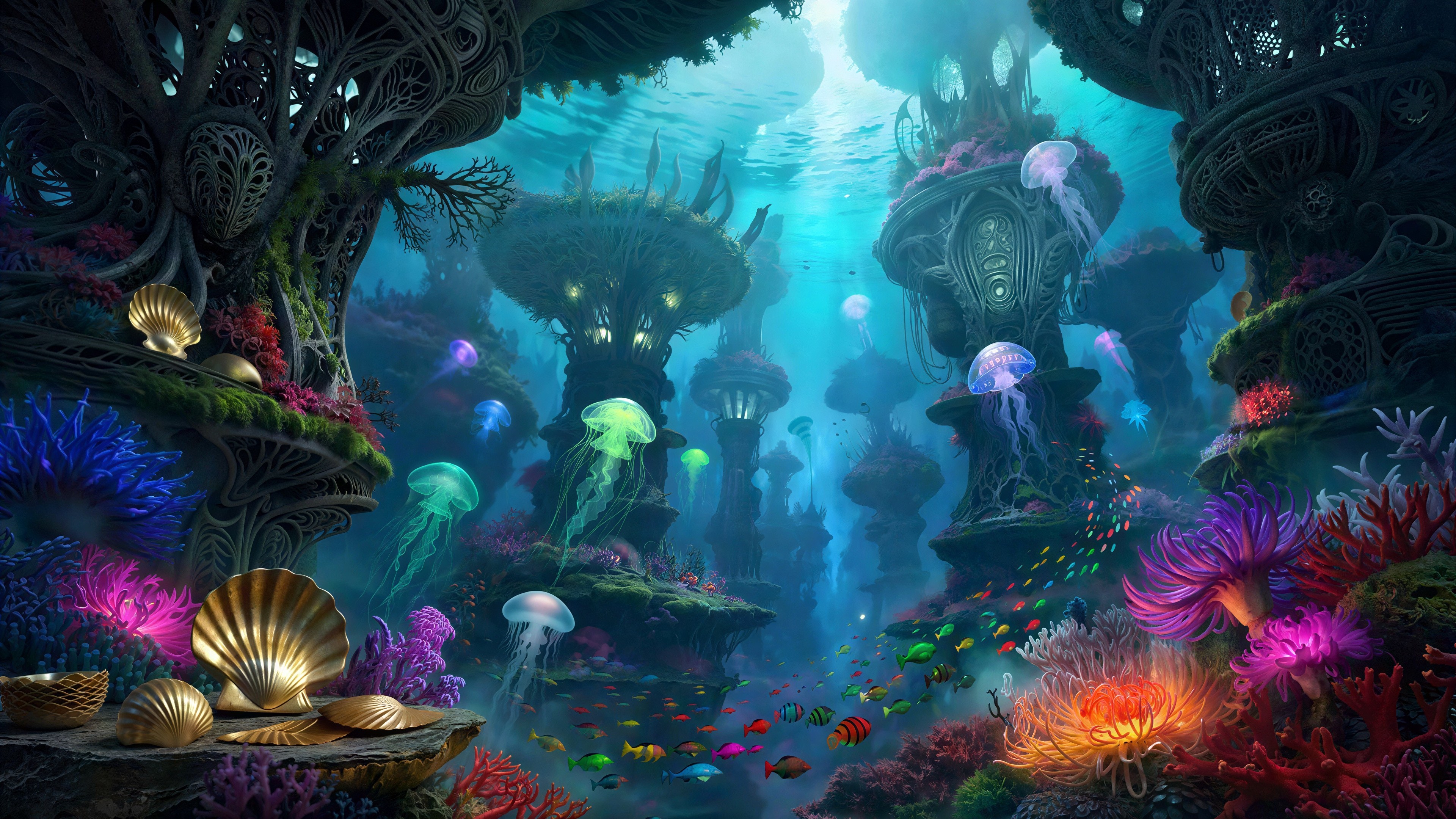 Underwater Fantasy Landscape with Coral Reef and Jellyfish