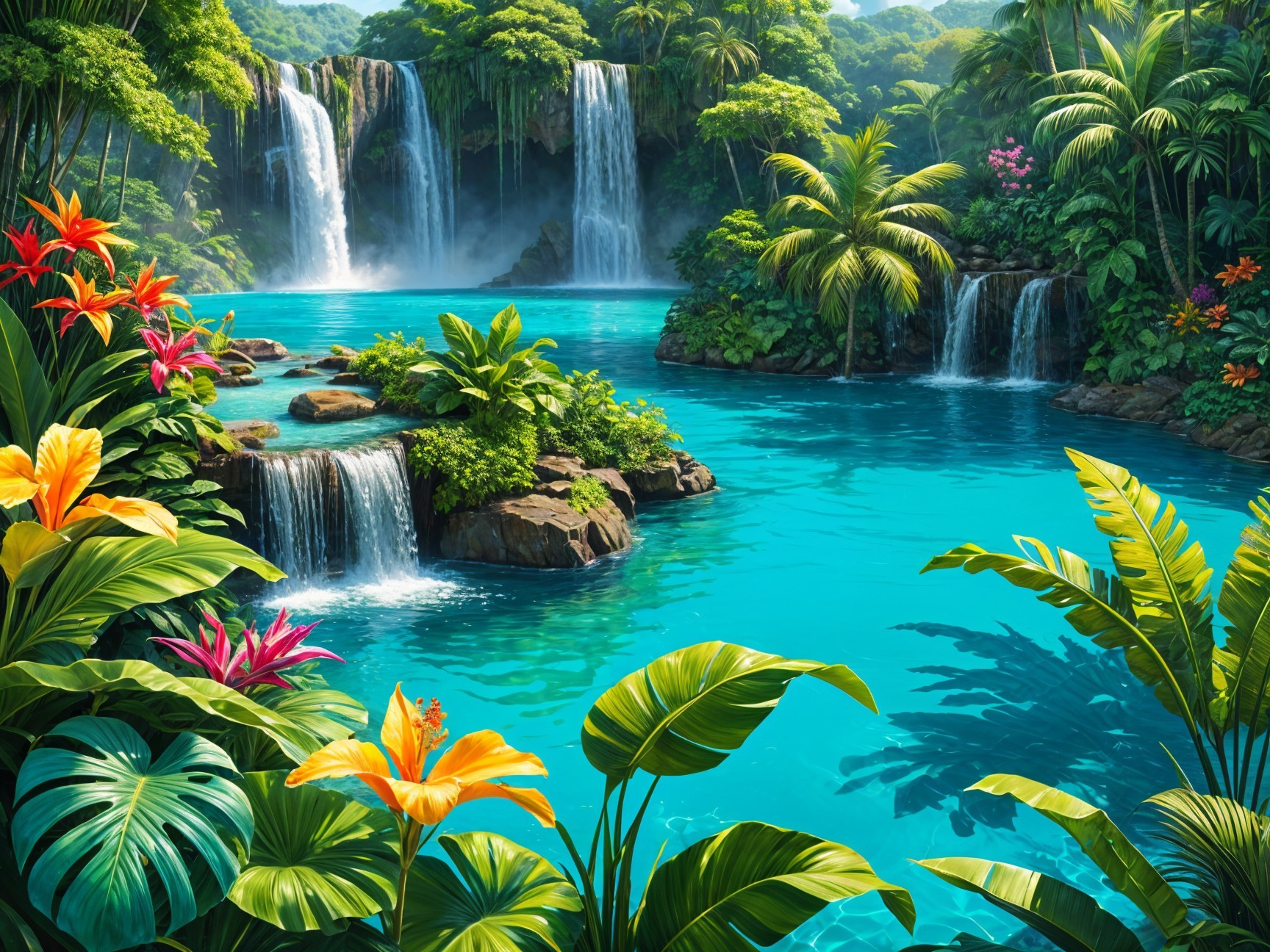 Vibrant Tropical Paradise with Waterfalls and Greenery