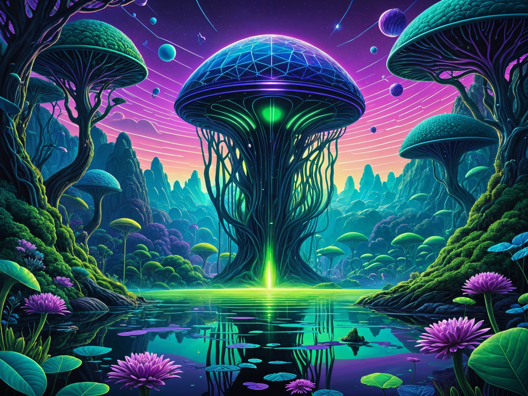 Surreal Landscape with Luminescent Mushroom and Trees