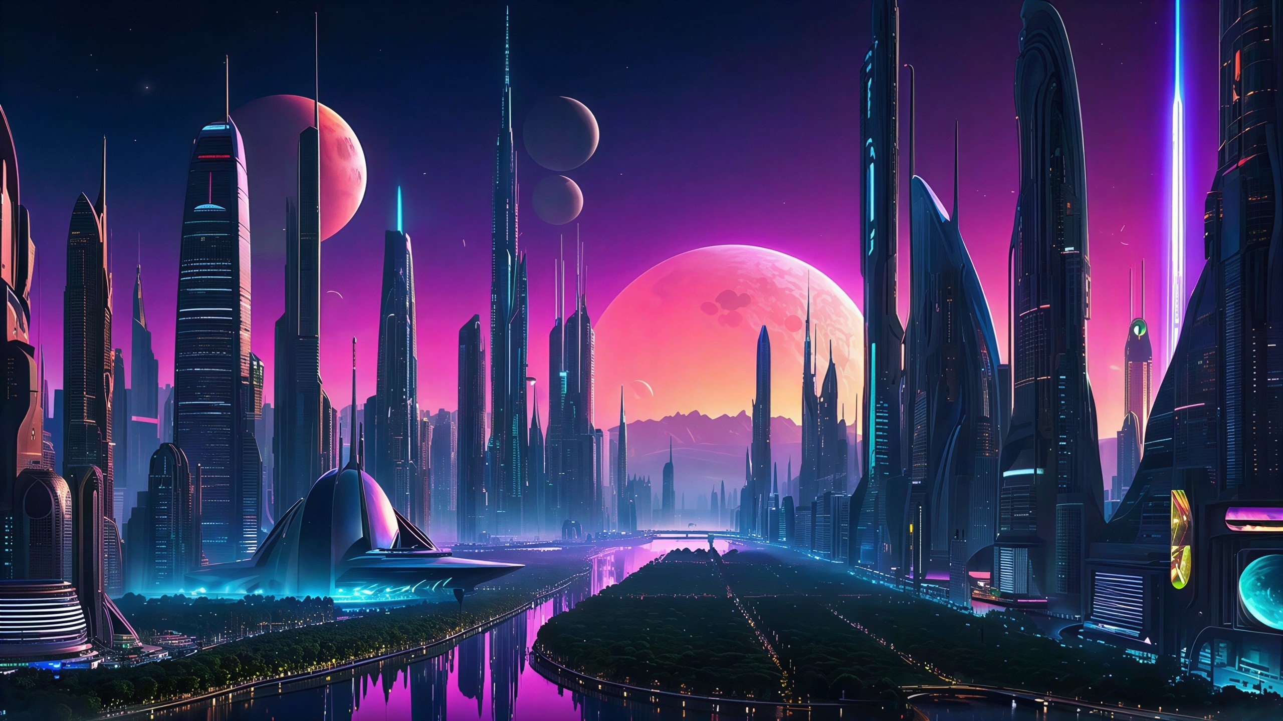 Futuristic Cityscape at Night with Neon Lights