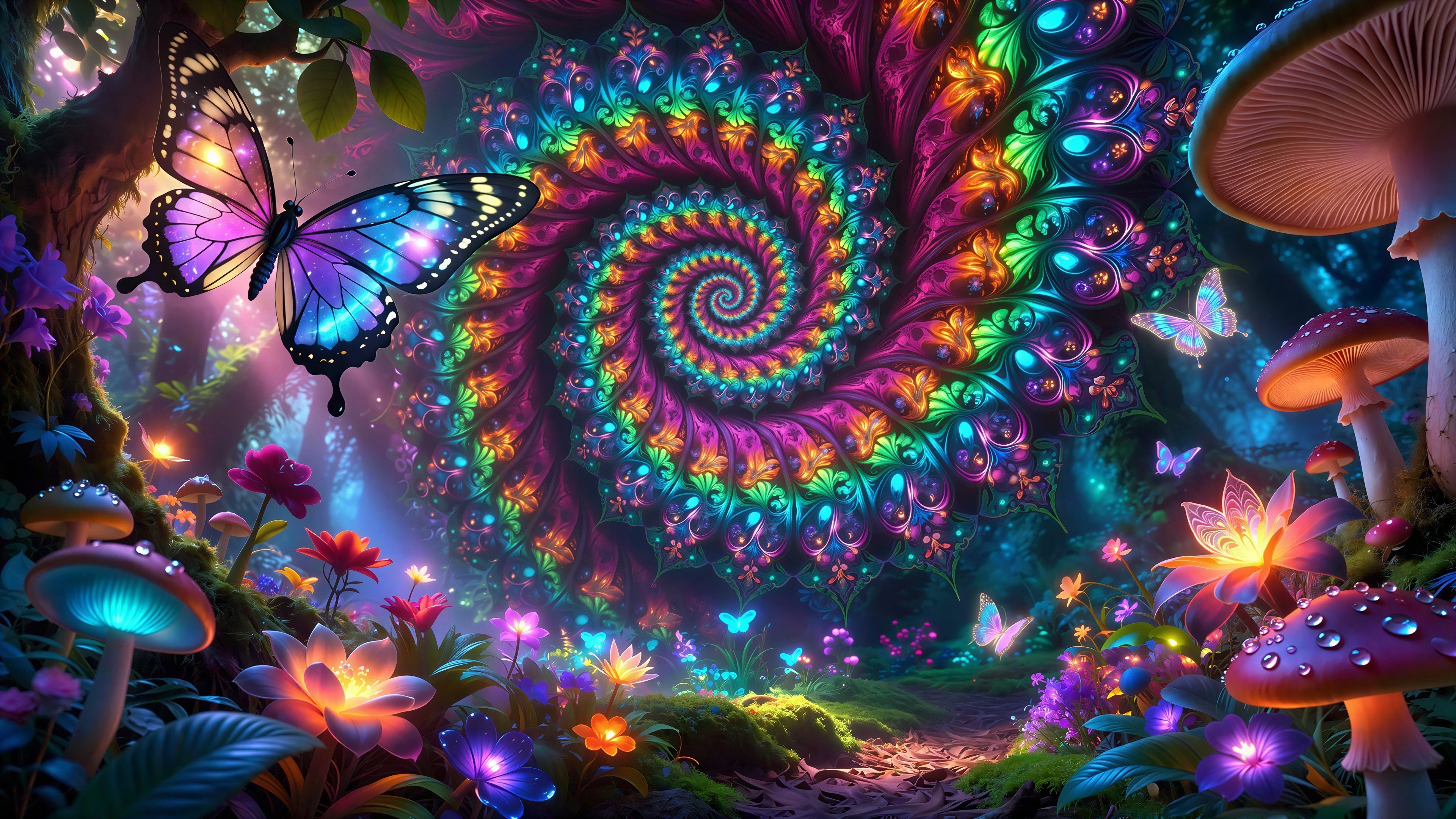 Ethereal Forest Scene with Luminous Flora and Butterfly