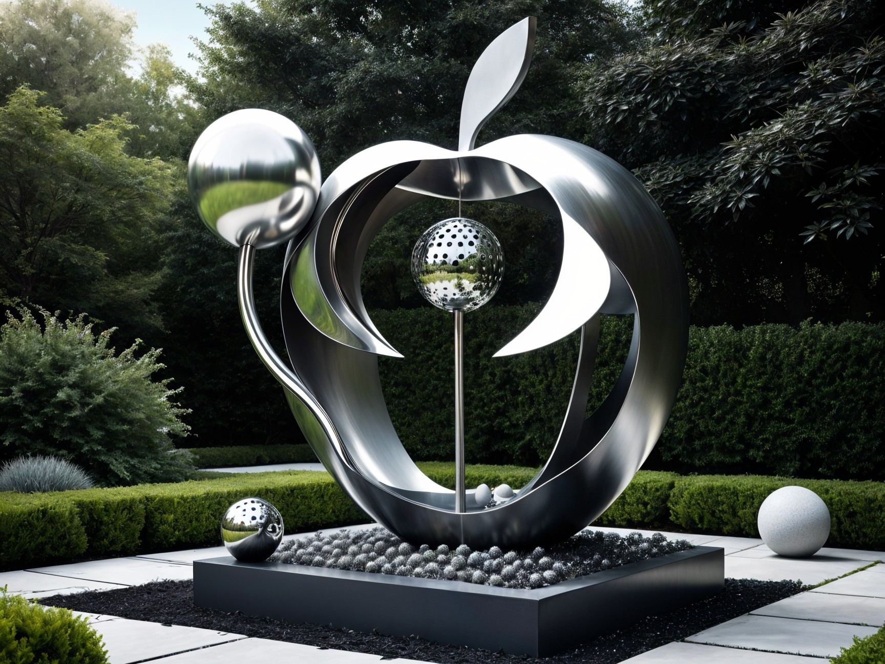 Contemporary Metallic Apple Sculpture on Black Base