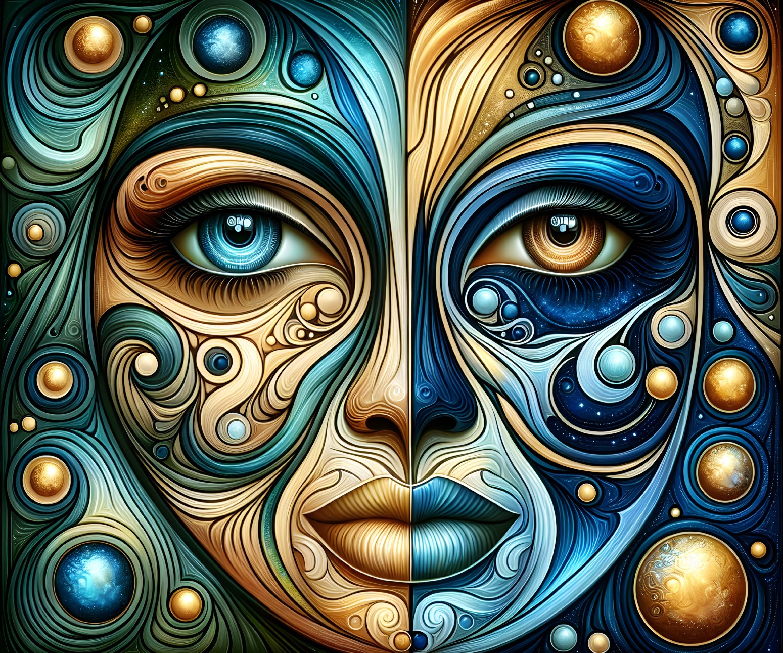 Abstract Face with Dual Color Patterns and Cosmic Elements