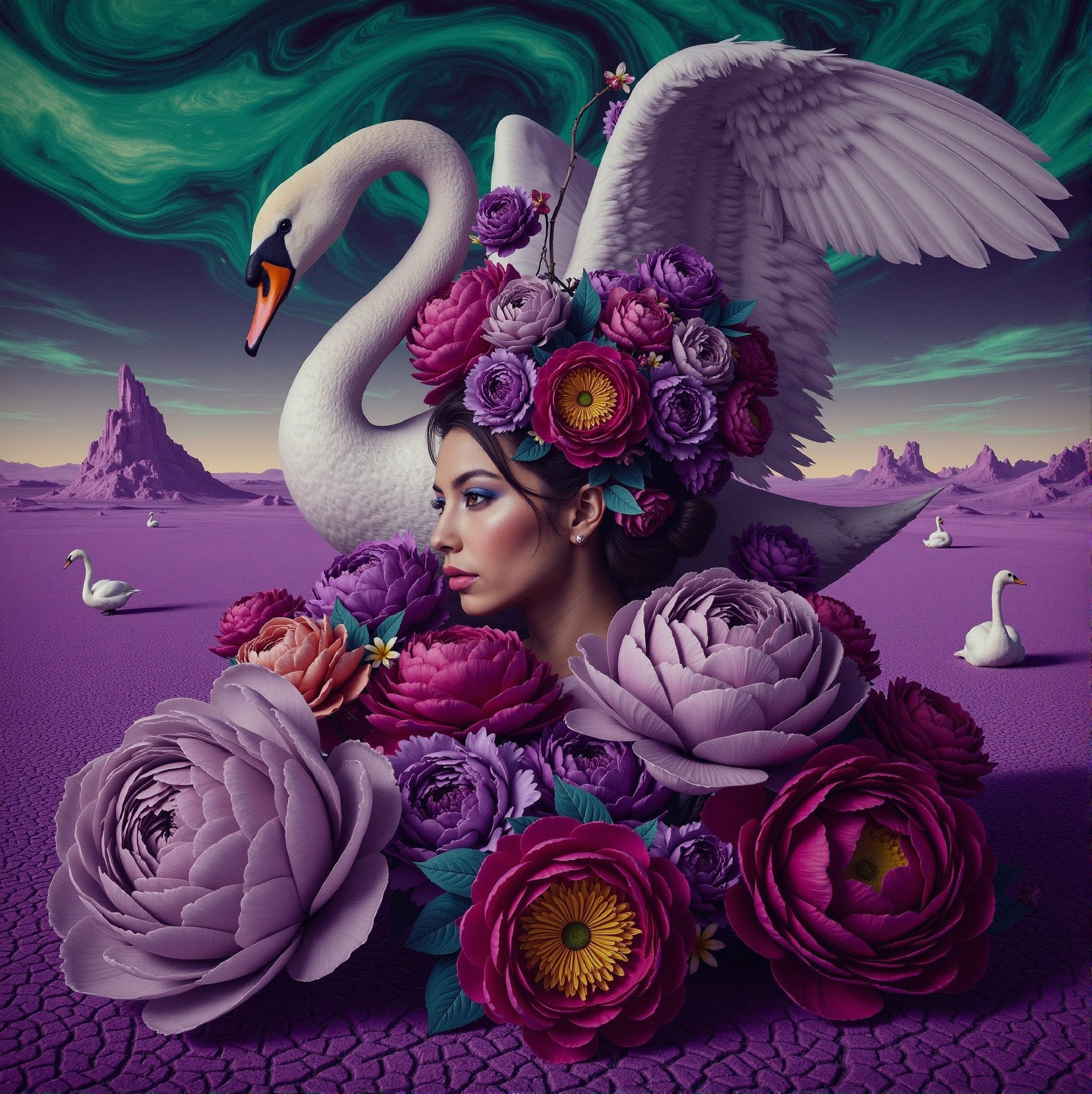 Surreal Landscape with Woman, Flowers, and Swan