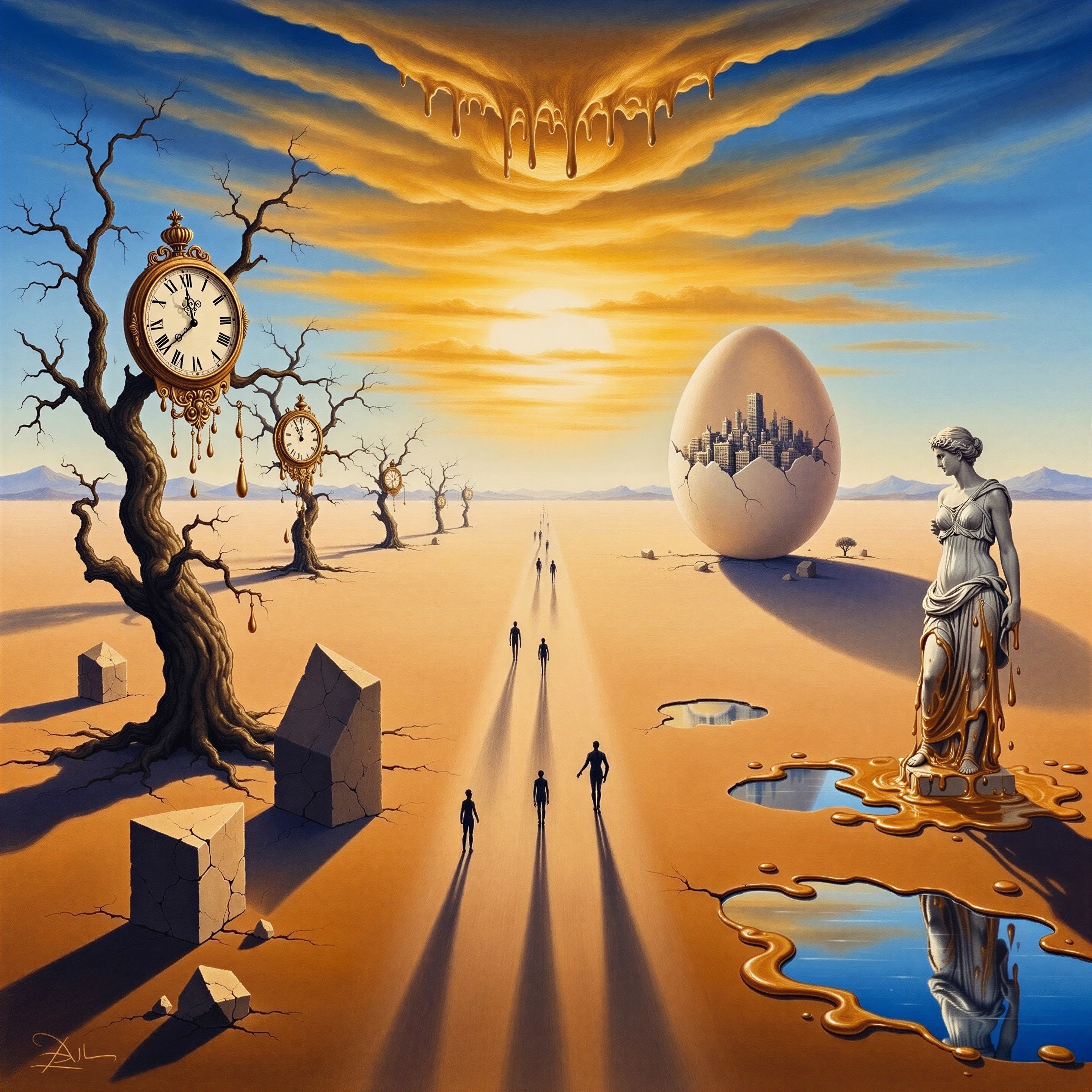 Surreal Landscape with Melting Clocks and Dreamlike Elements