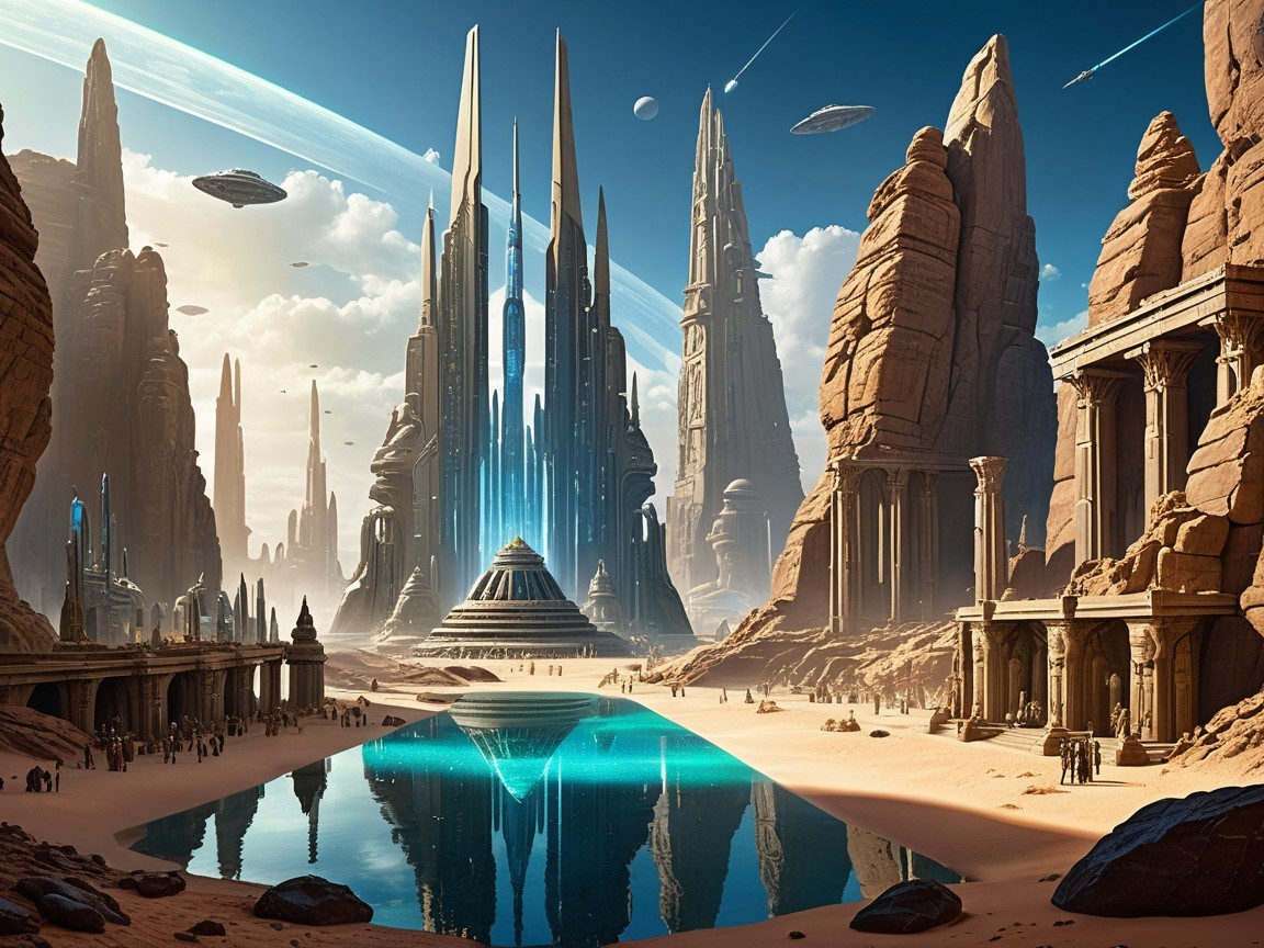 Futuristic landscape with spires and serene reflections