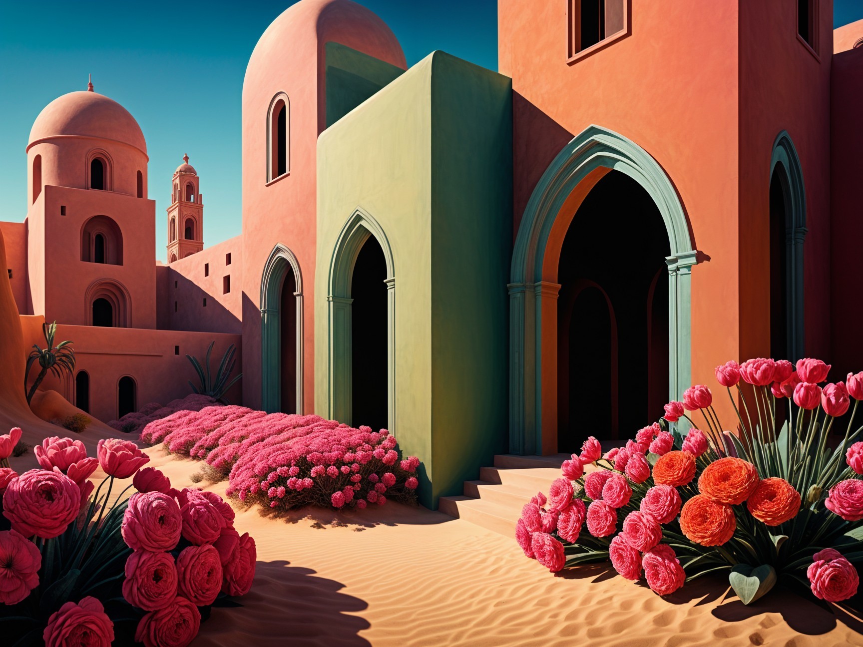 Vibrant Desert Scene with Colorful Buildings and Flowers