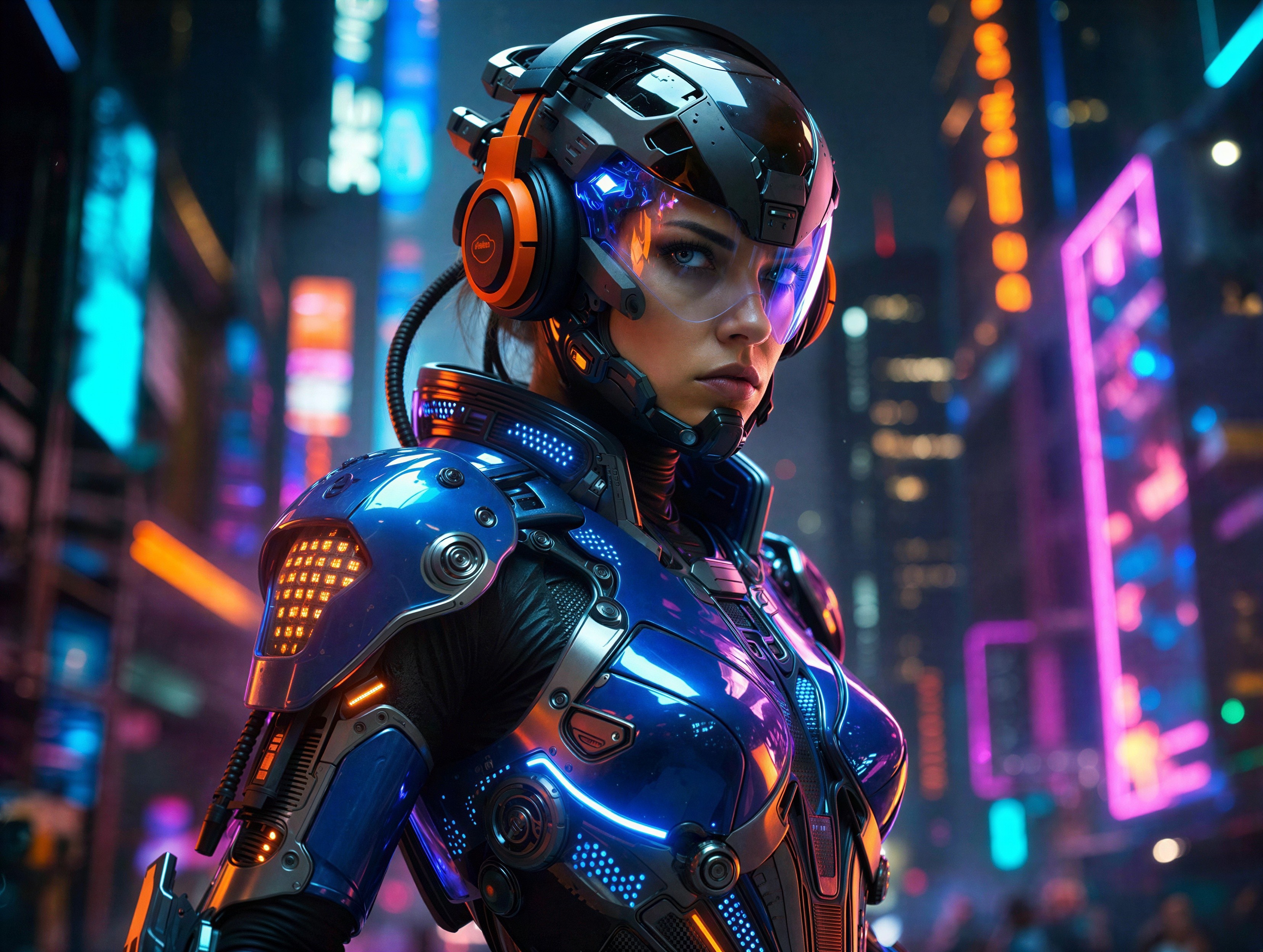 Dystopian Cyborg Woman in Futuristic Cityscape