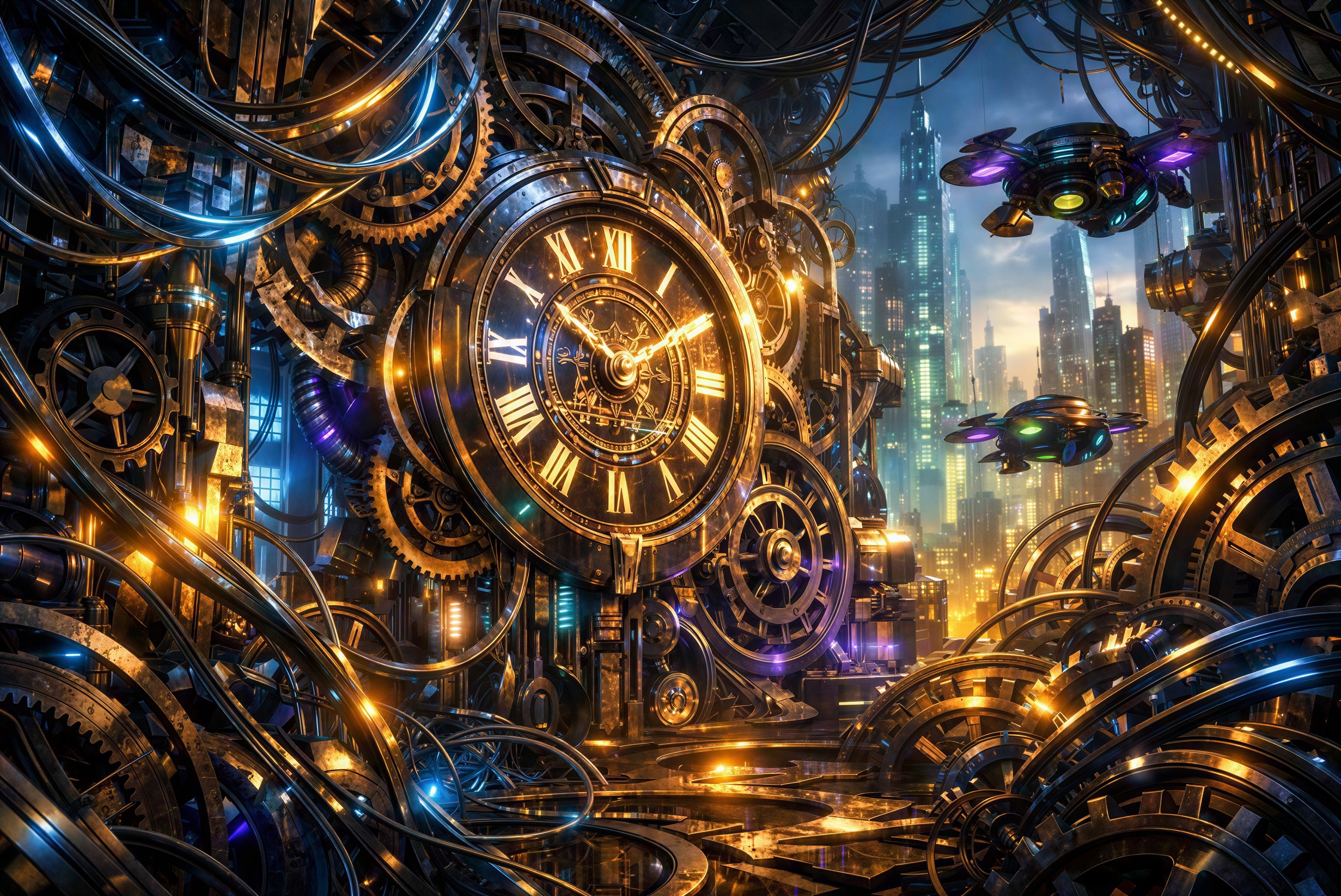 Futuristic Steampunk City with Gears and Drones