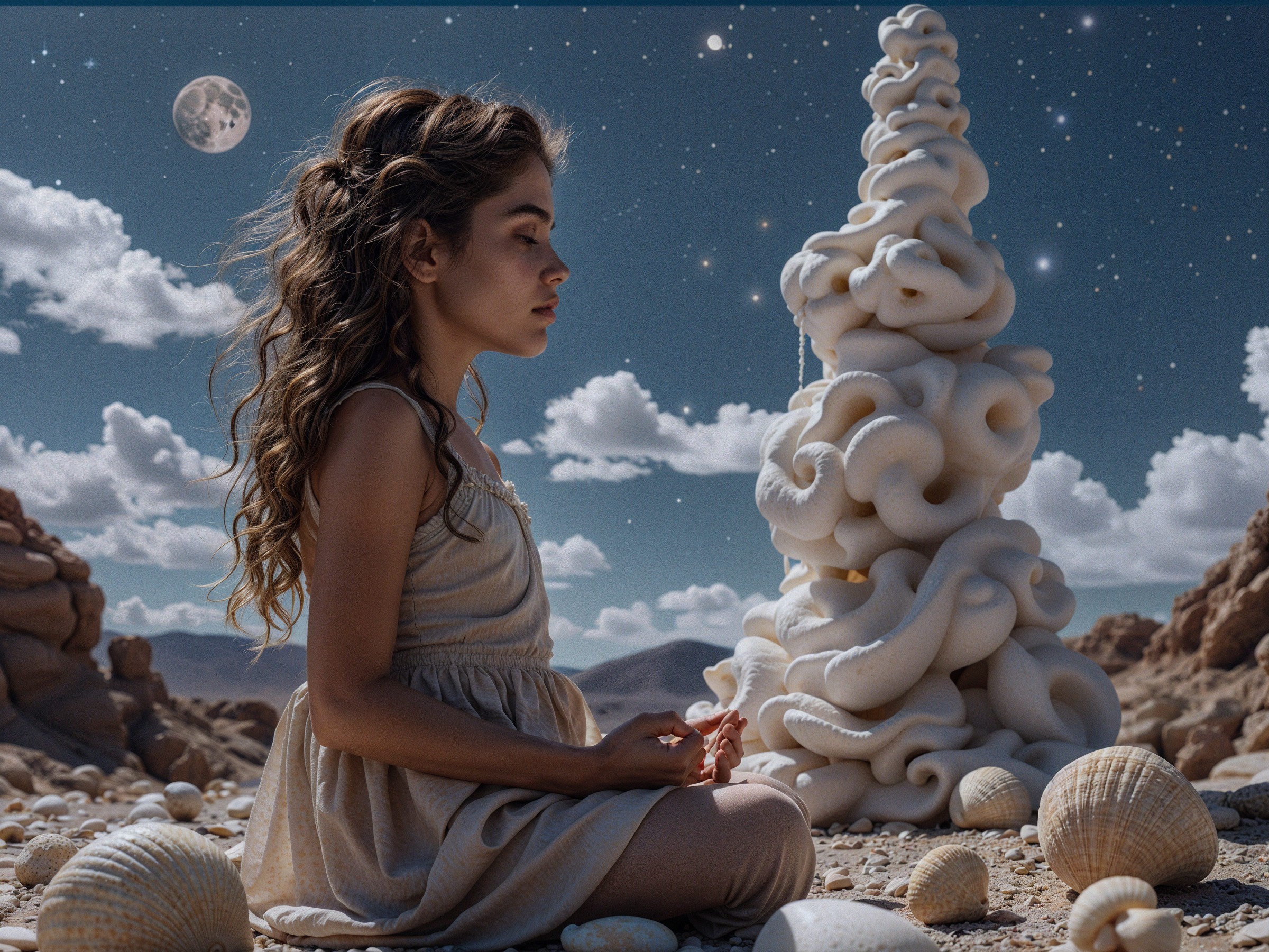Surreal Desert Scene with Girl and Whimsical Sculpture