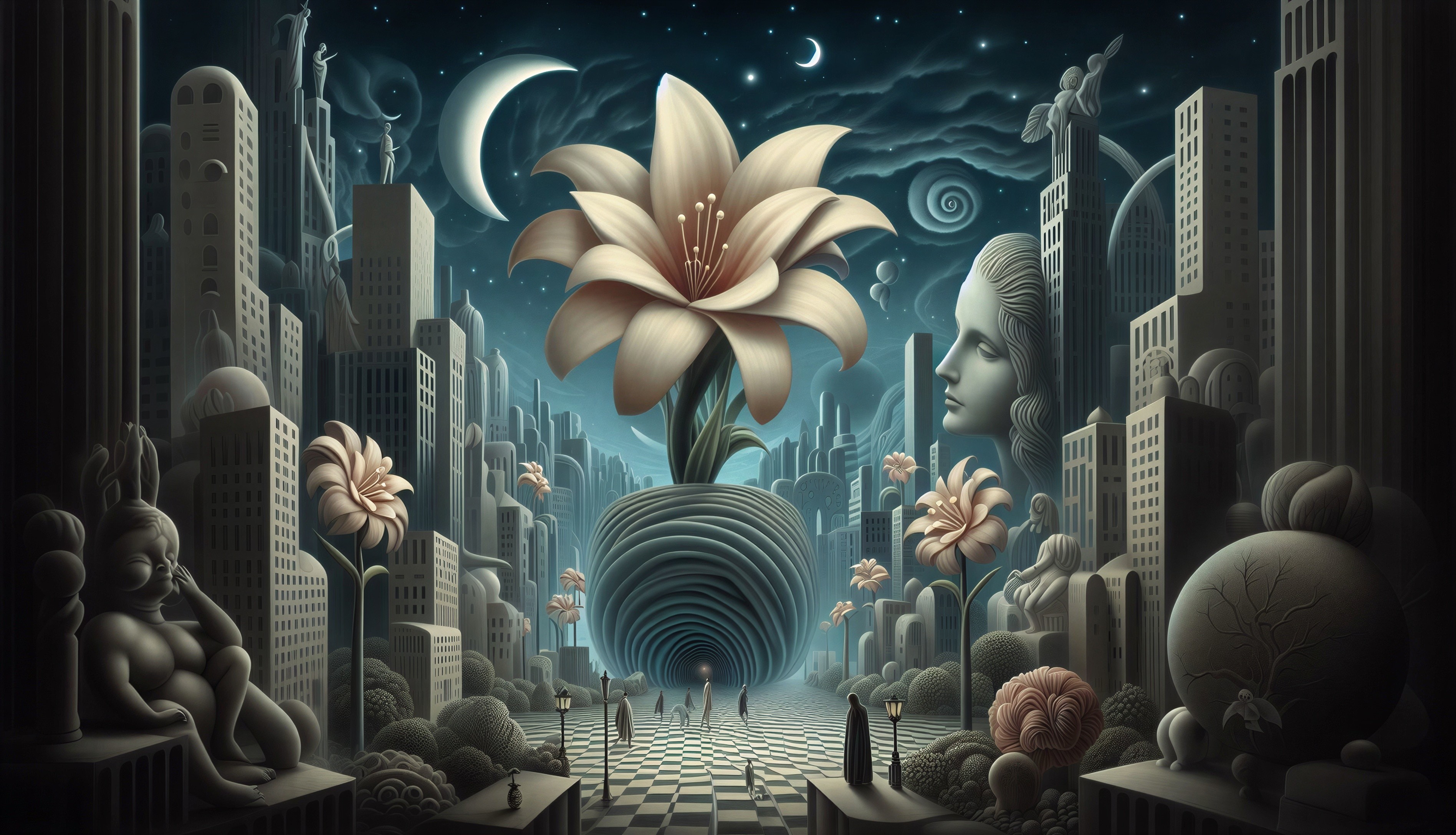 Surreal Landscape of Skyscrapers and Giant Lily