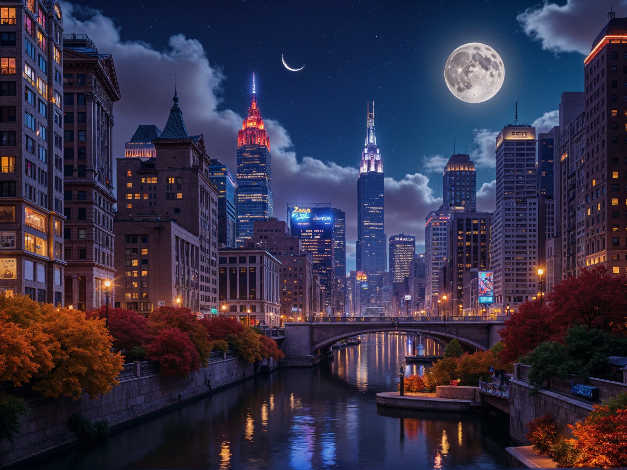 Vibrant Night Cityscape with Illuminated Skyscrapers