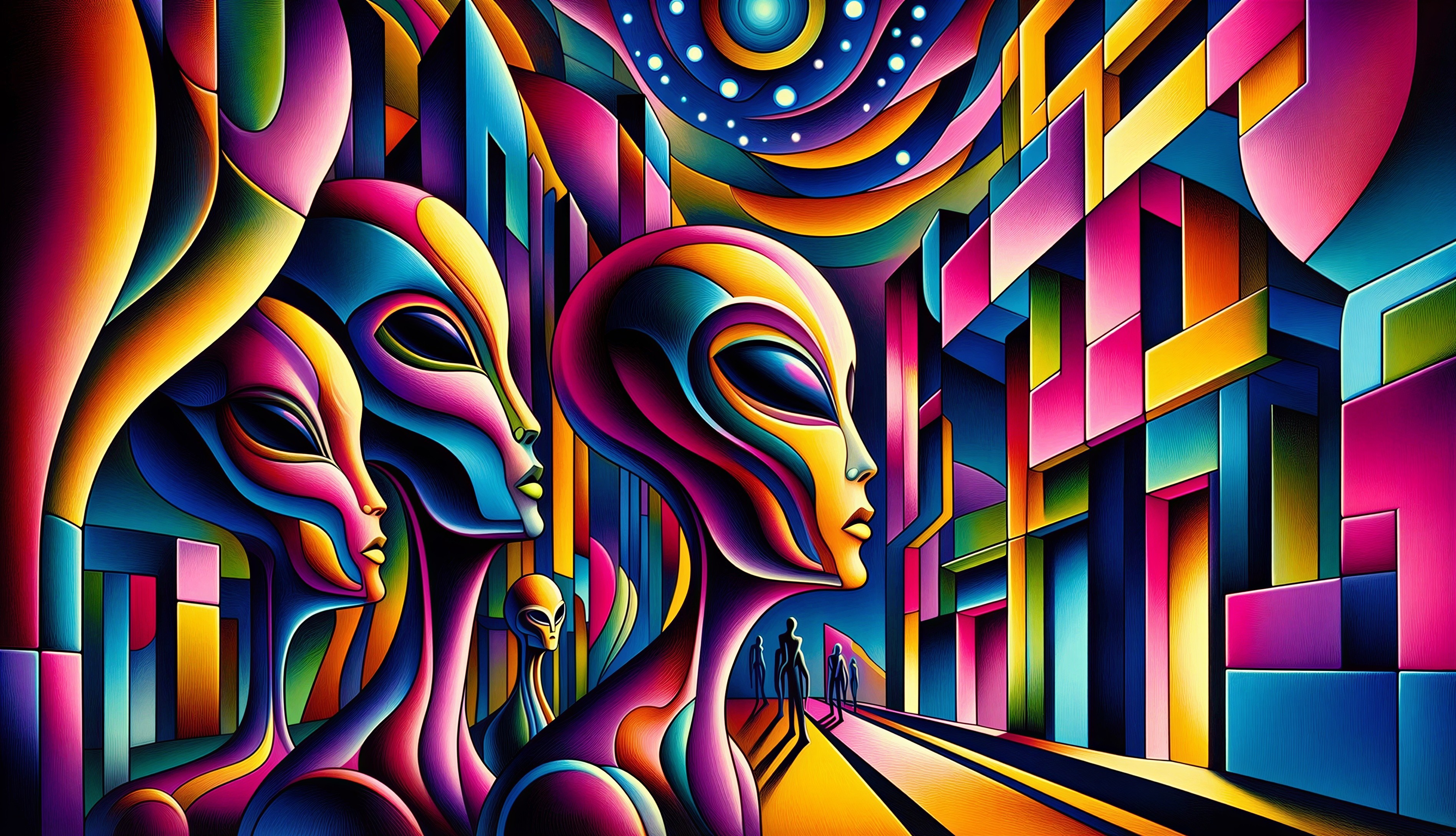 Surreal Scene with Alien Figures and Abstract Background