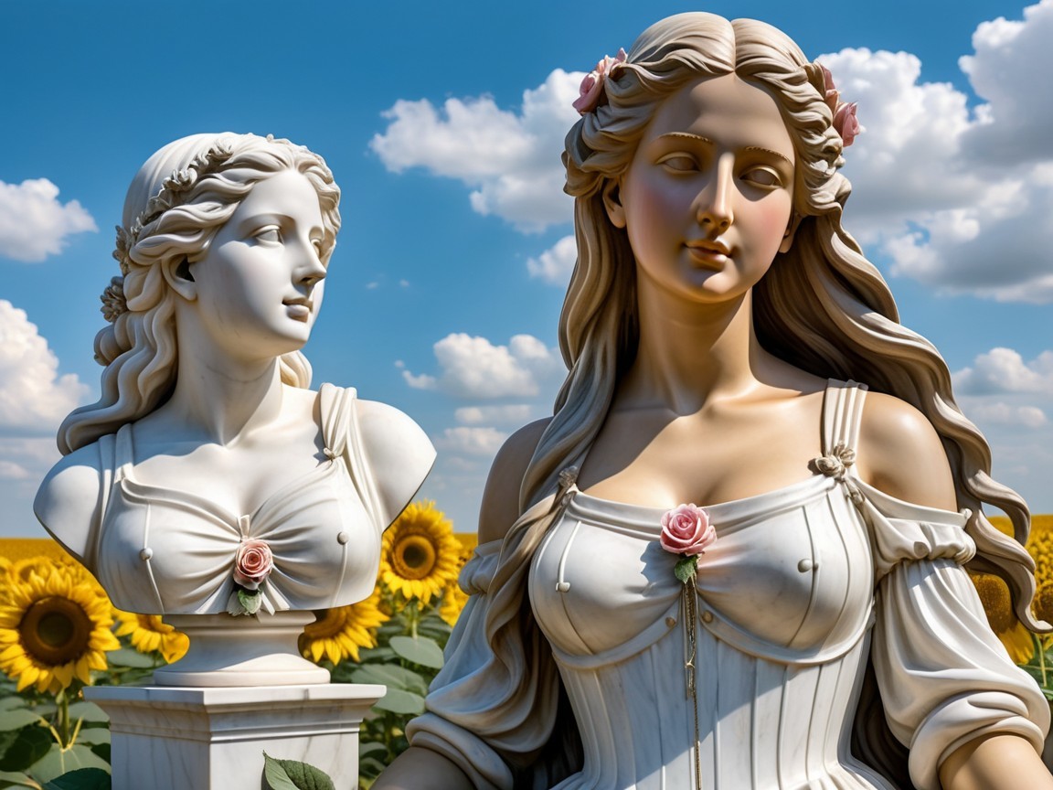 Elegant Marble Sculptures of Women with Sunflowers
