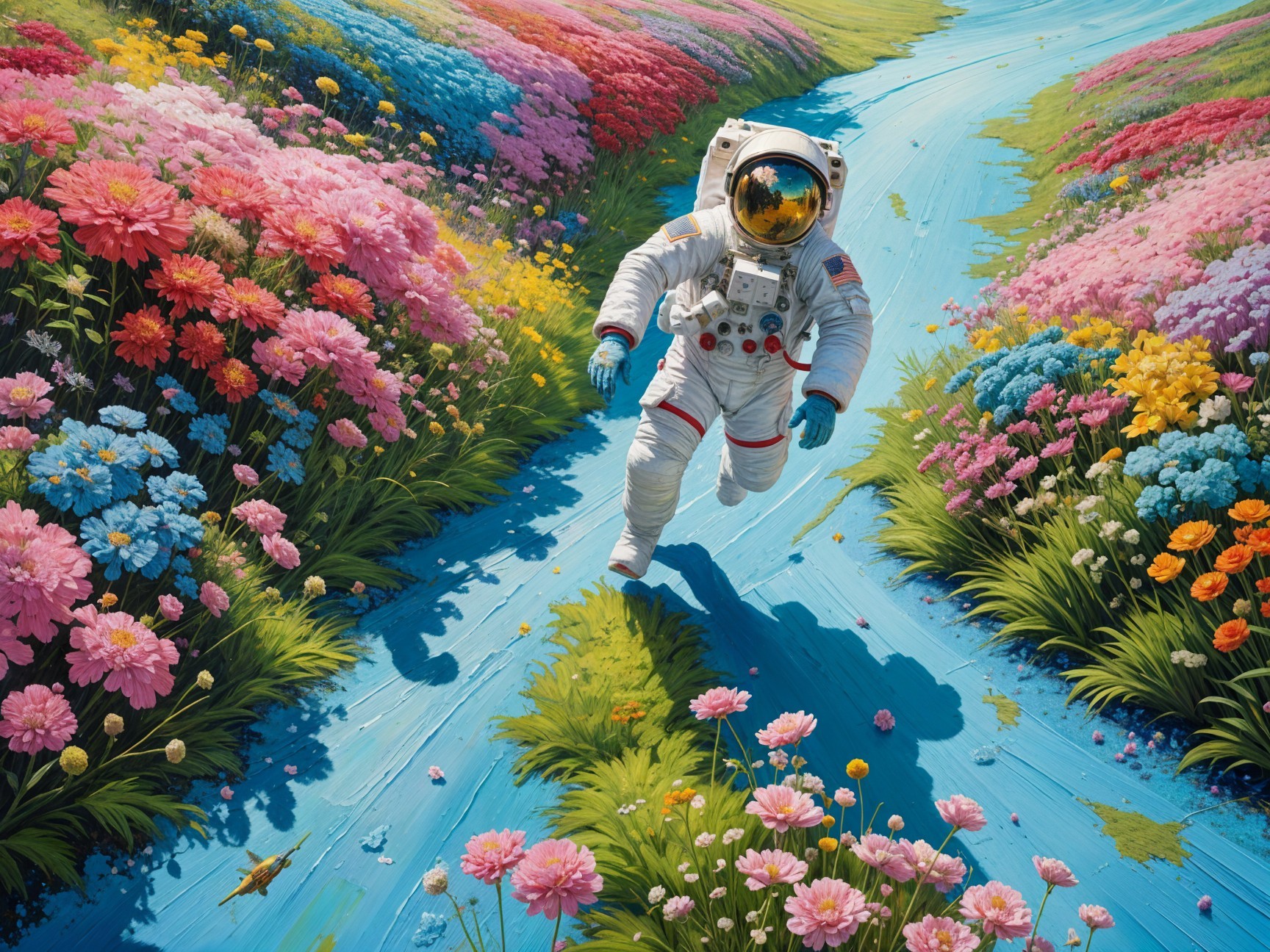 Astronaut in White Suit in Colorful Floral Landscape