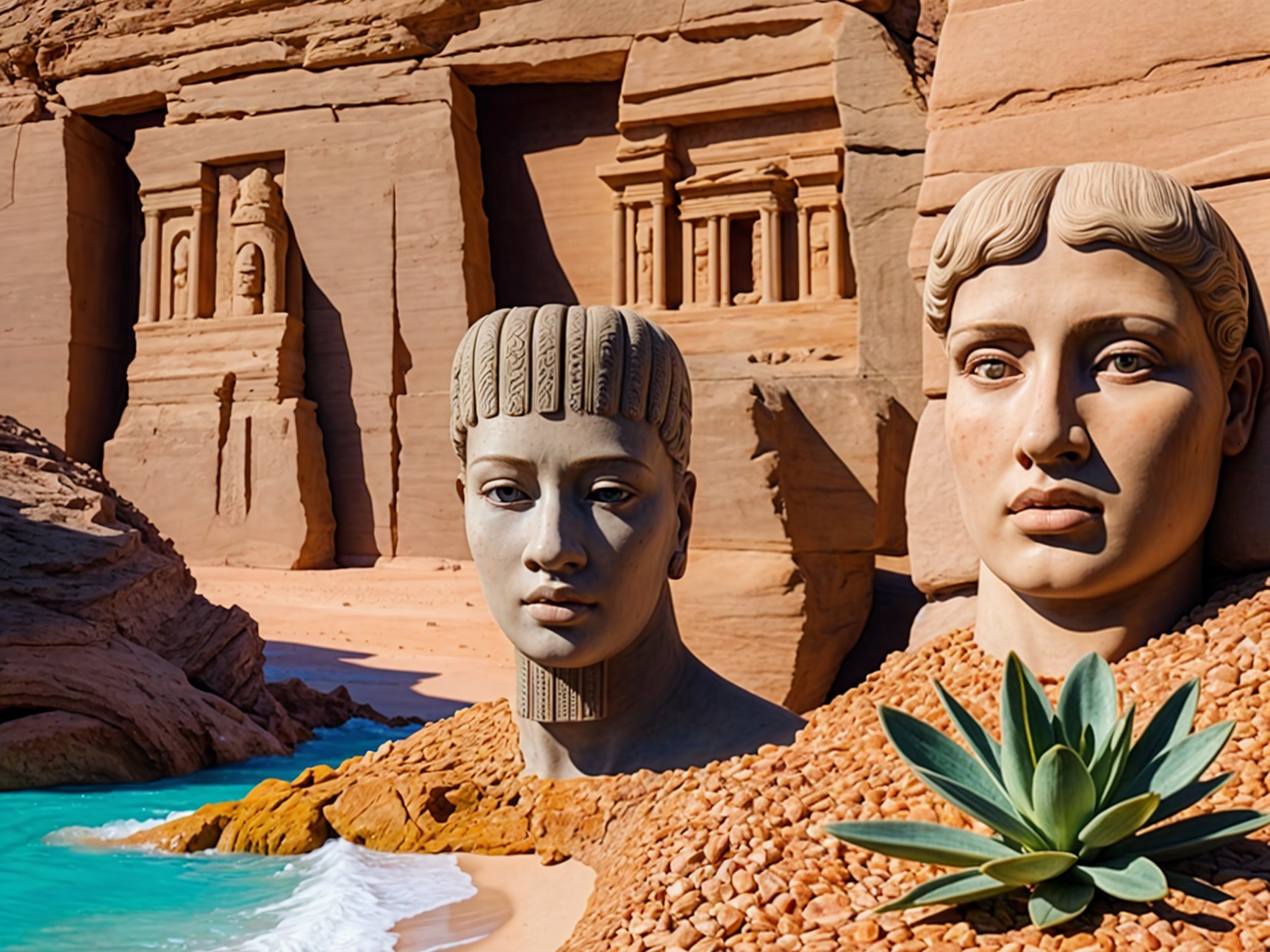 Colossal Statues Amidst Serene Landscape and Carvings