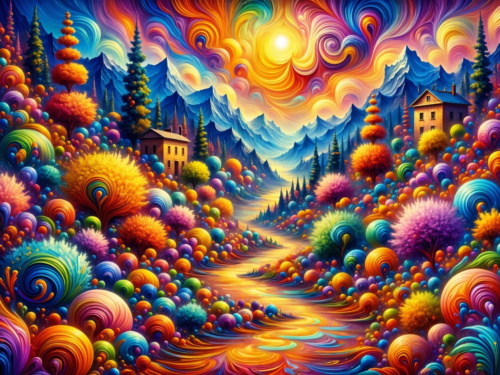 Surreal Landscape with Colorful Hills and Houses