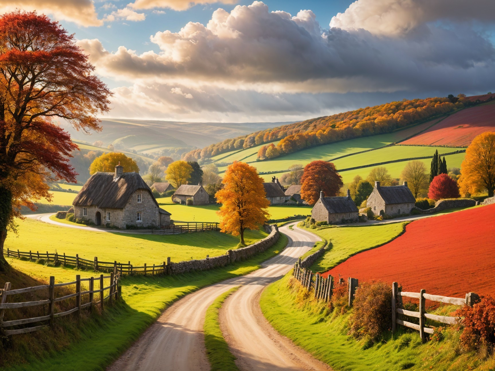 Countryside Scene with Autumn Foliage and Cottages