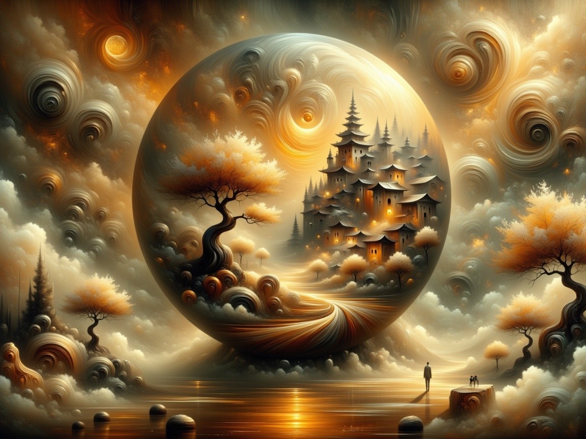 Surreal Landscape with Swirling Sphere and Village