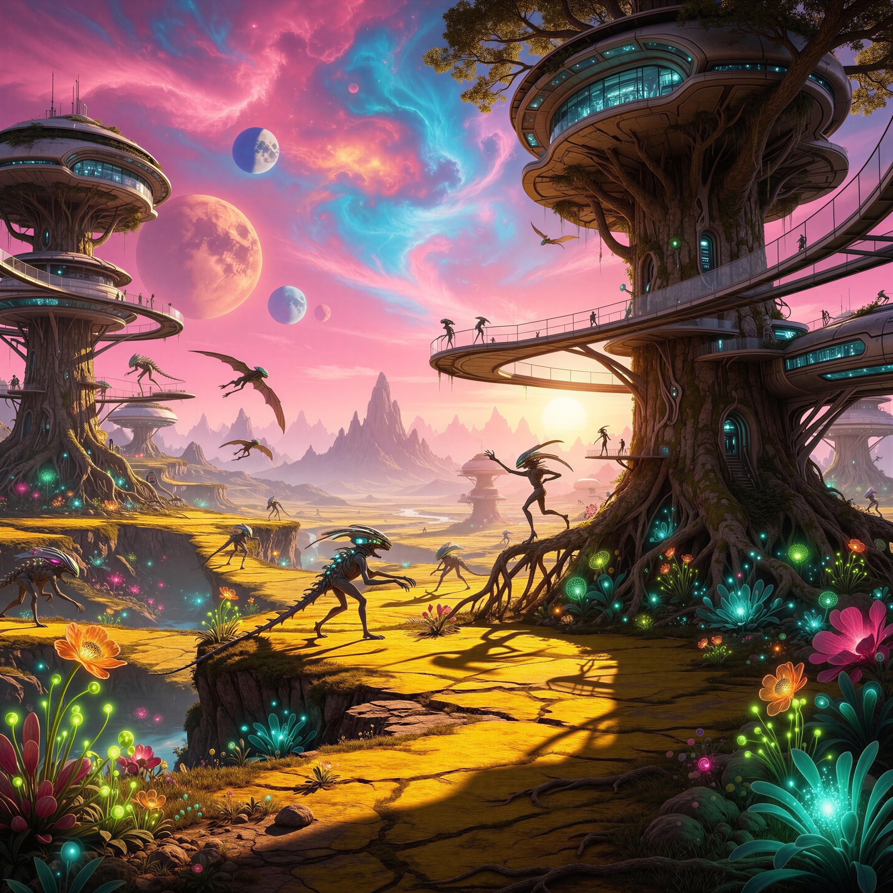 Alien Landscape with Ancient Trees and Glowing Flora