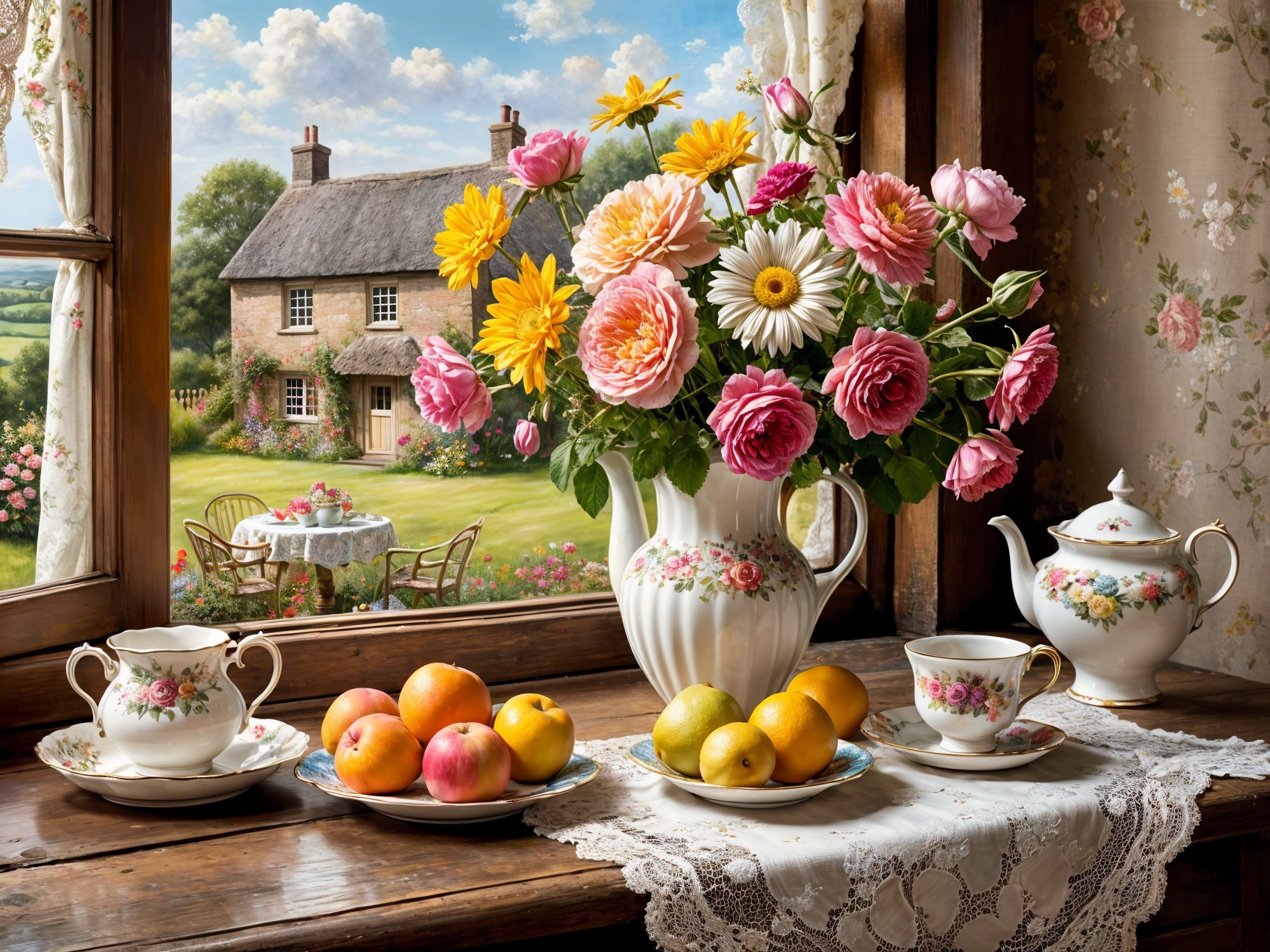 Charming Still Life with Flowers and Garden View