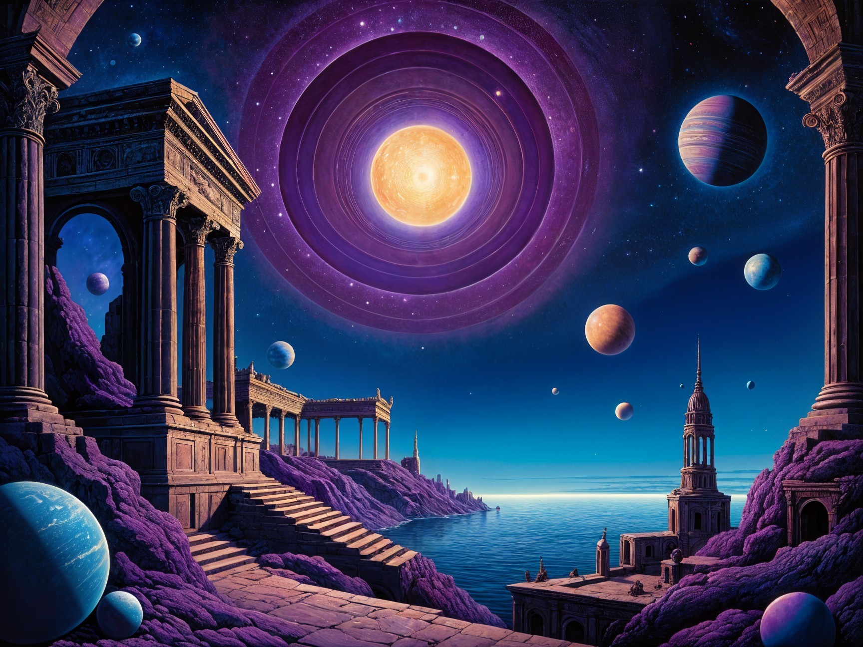 Surreal Landscape with Ancient Ruins and Cosmic Elements