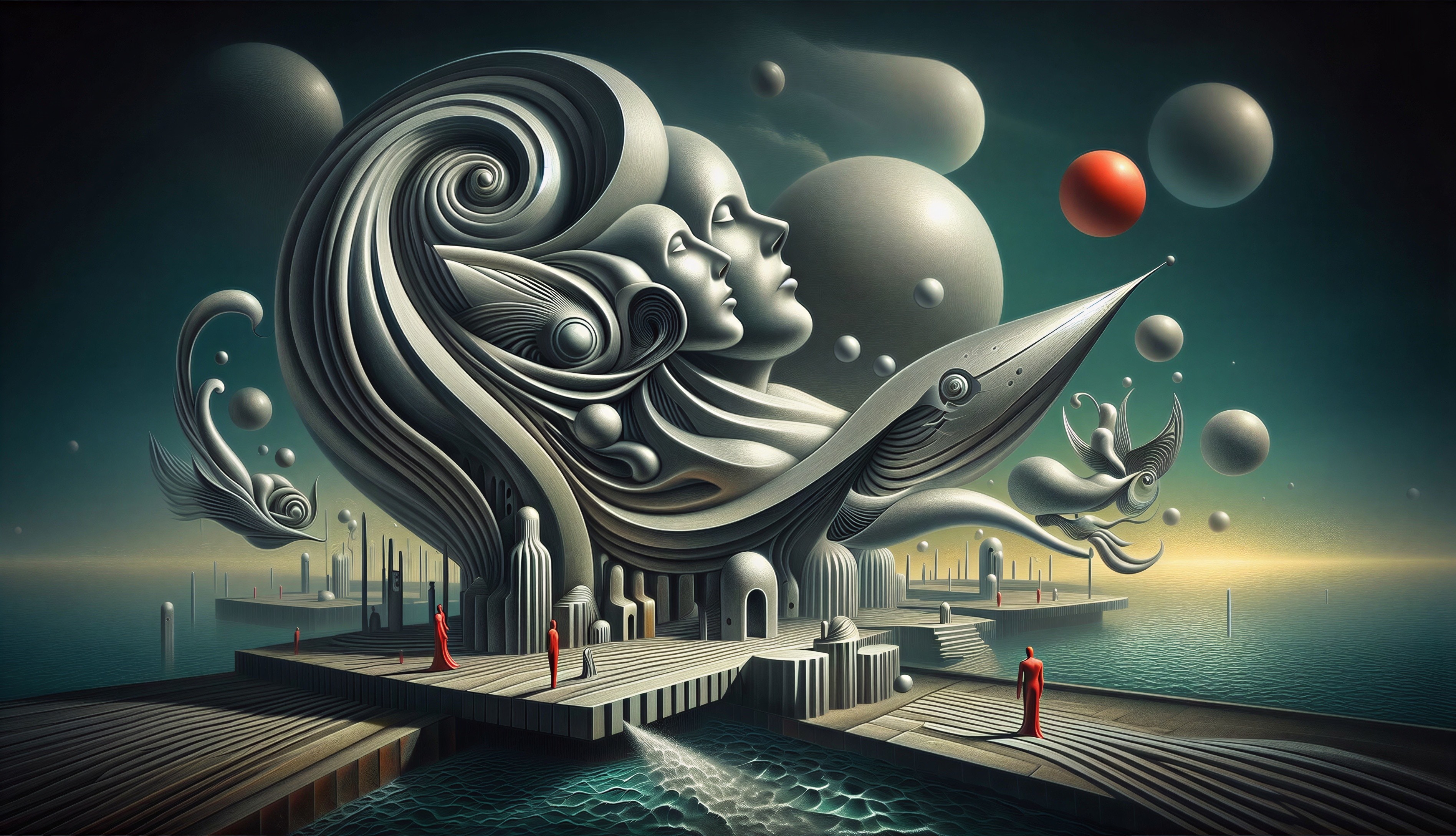 Surreal Artwork with Human Faces and Aquatic Elements
