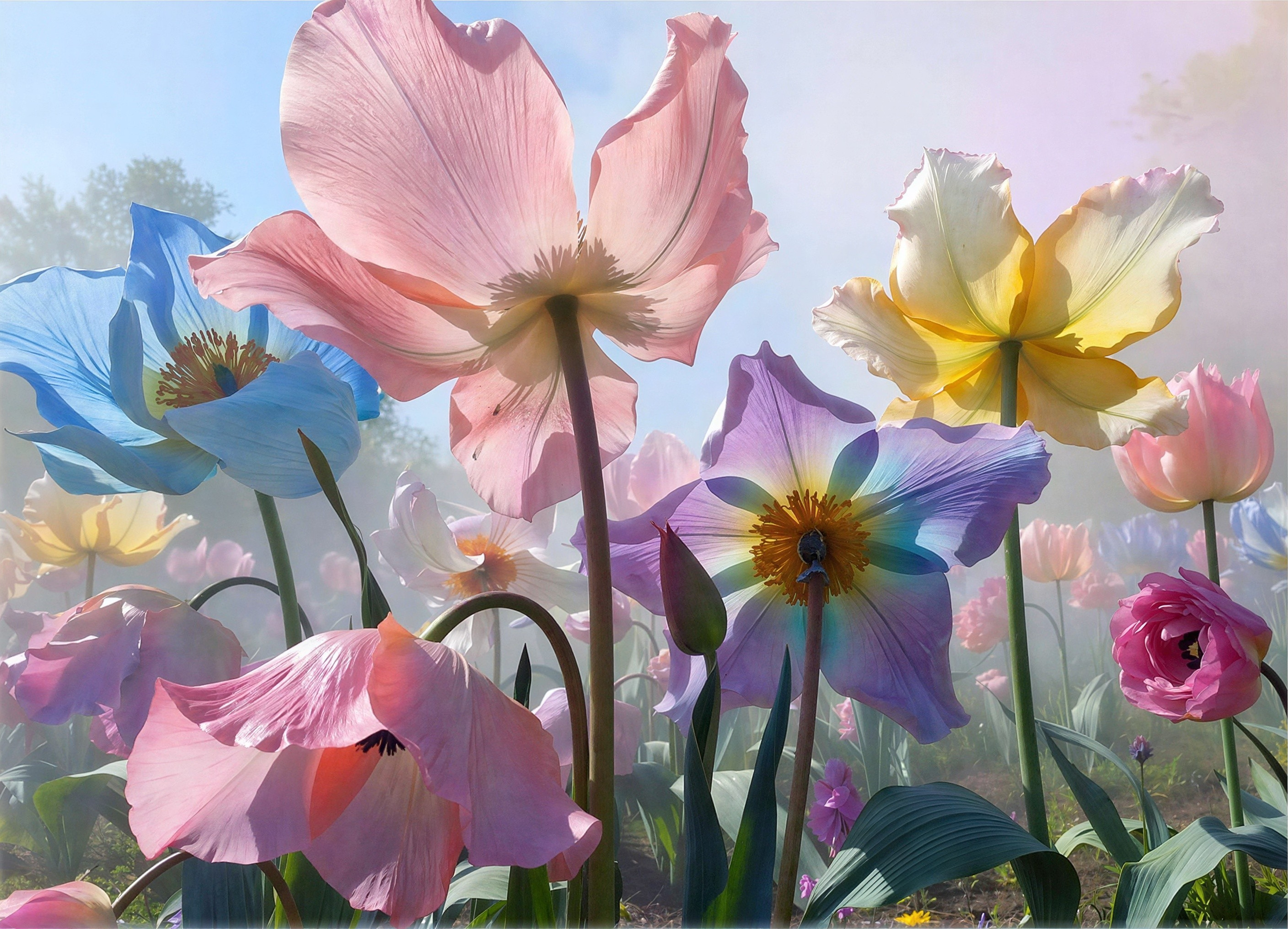 Vibrant Multi-Colored Flowers Under Soft Blue Sky