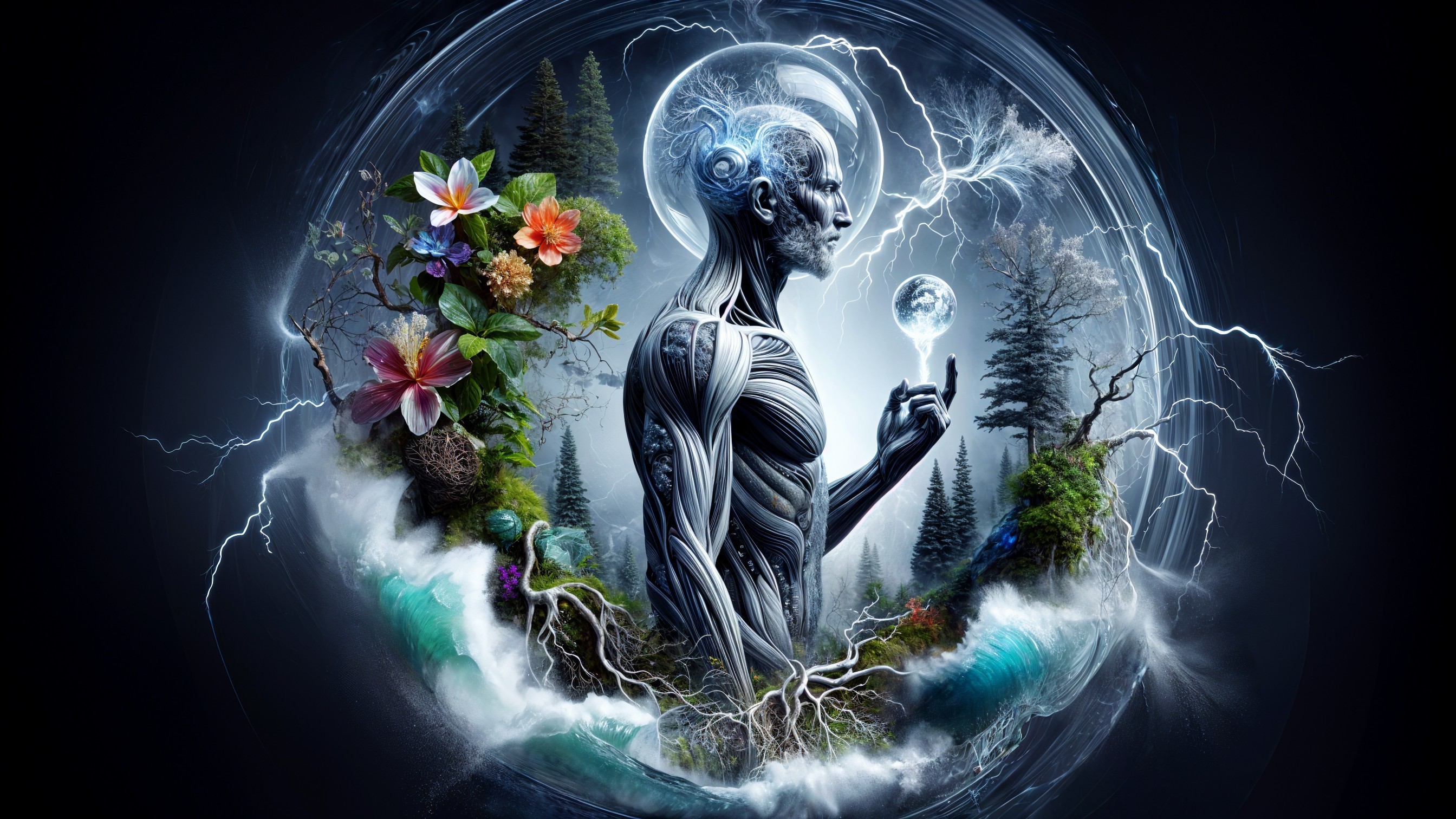 Surreal Humanoid Figure with Nature and Technology Elements