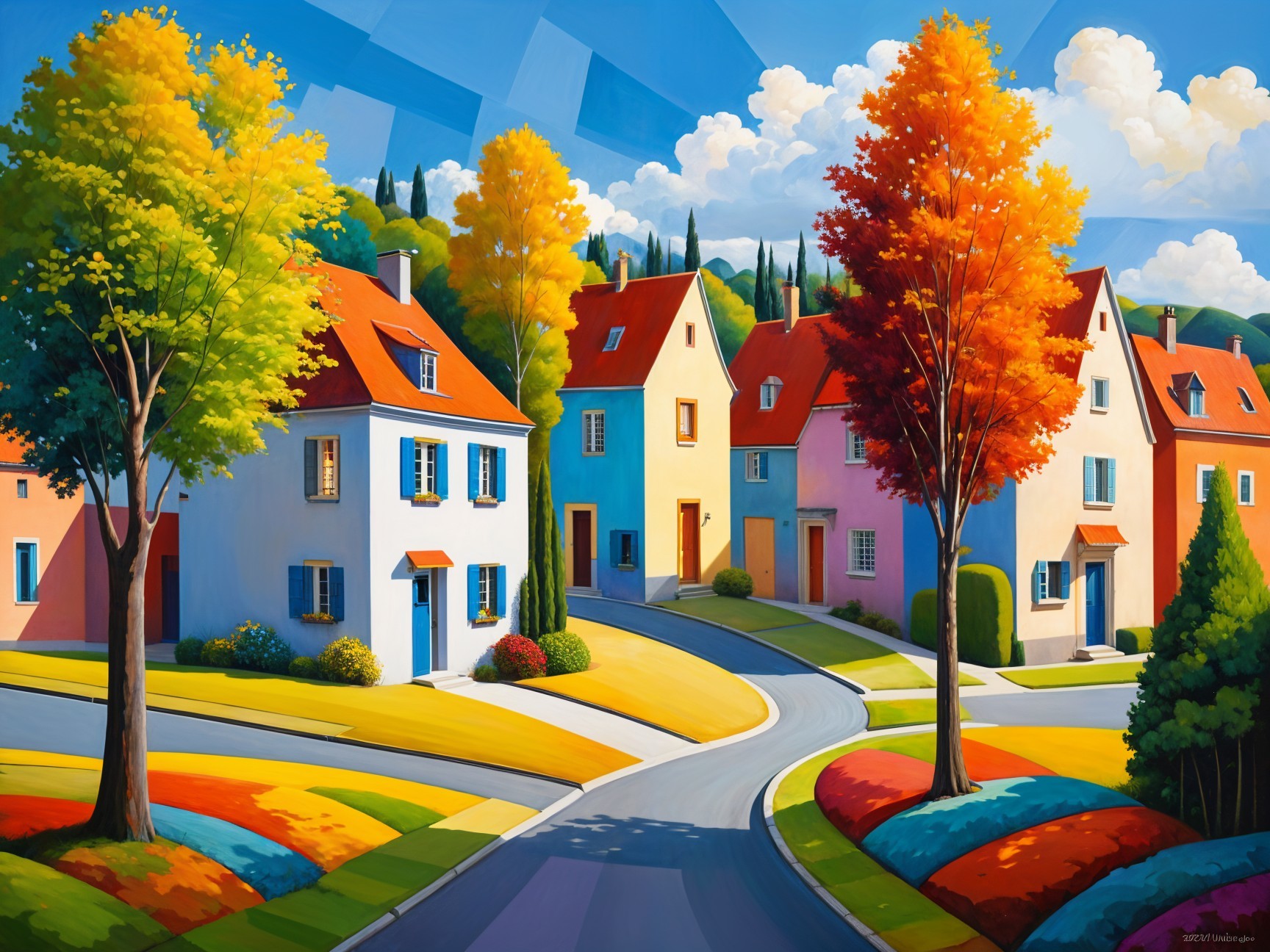 Vibrant Neighborhood with Colorful Houses and Trees