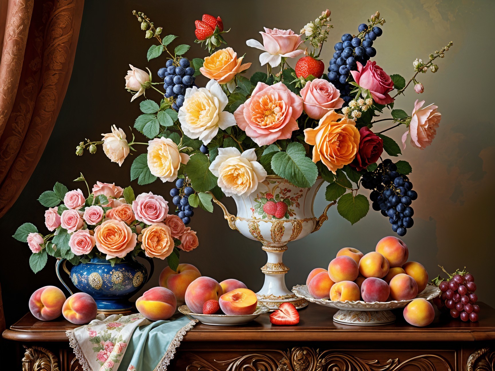 Still Life with Roses, Grapes, Peaches, and Strawberries