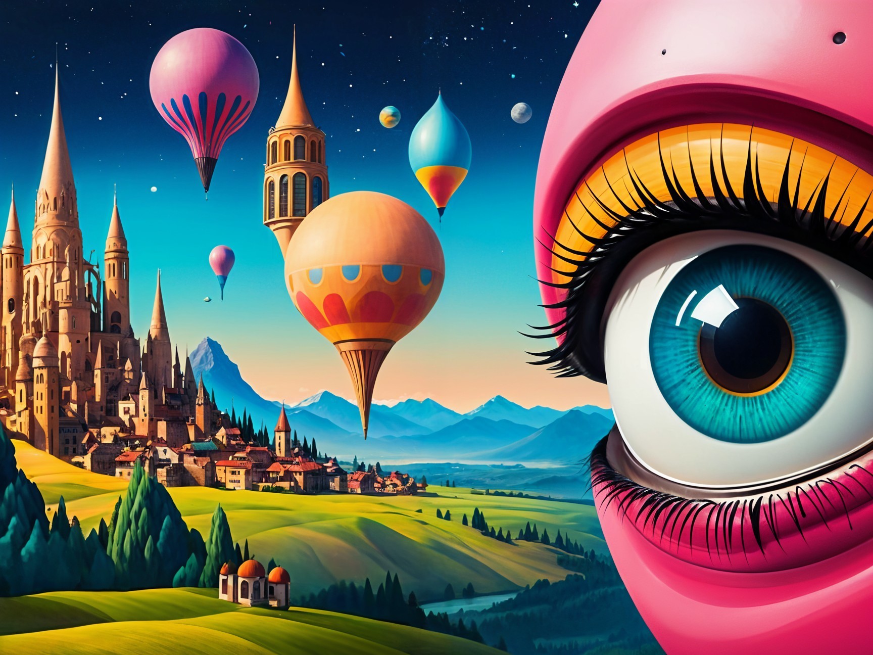 Whimsical Landscape with Balloons and Castle Scene