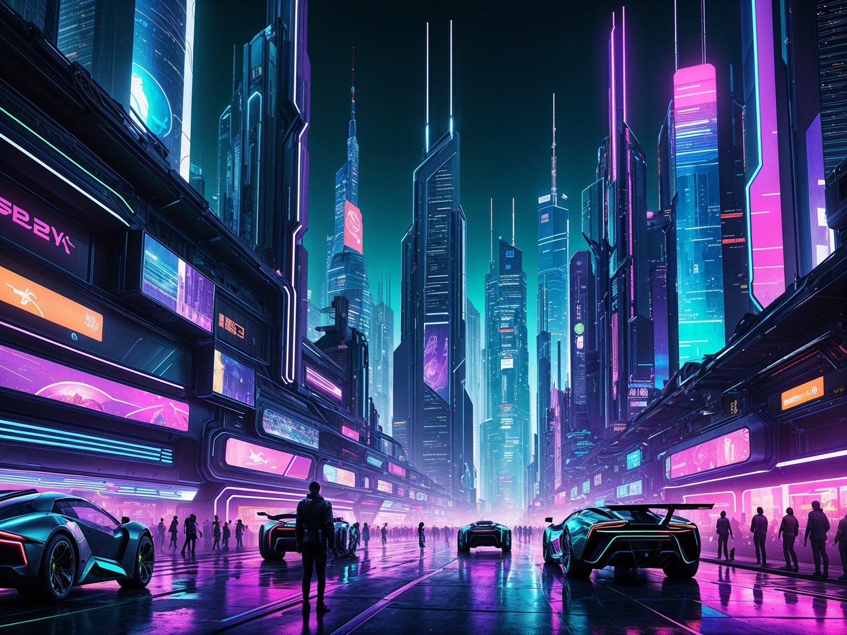 Futuristic cityscape with neon lights and skyscrapers